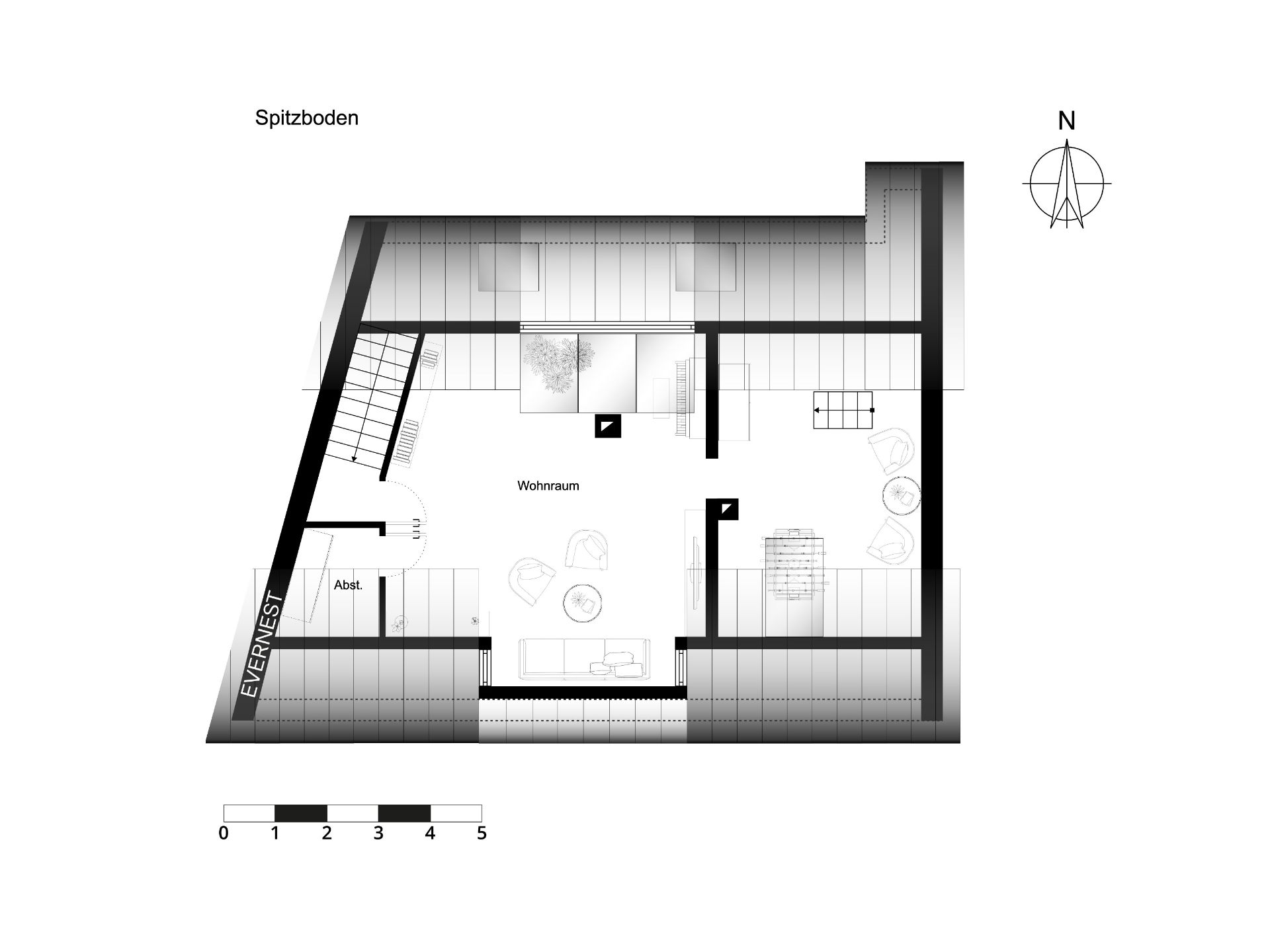 Grundriss eines Dachgeschosses mit Wohnraum, Abstellraum und Treppe.
