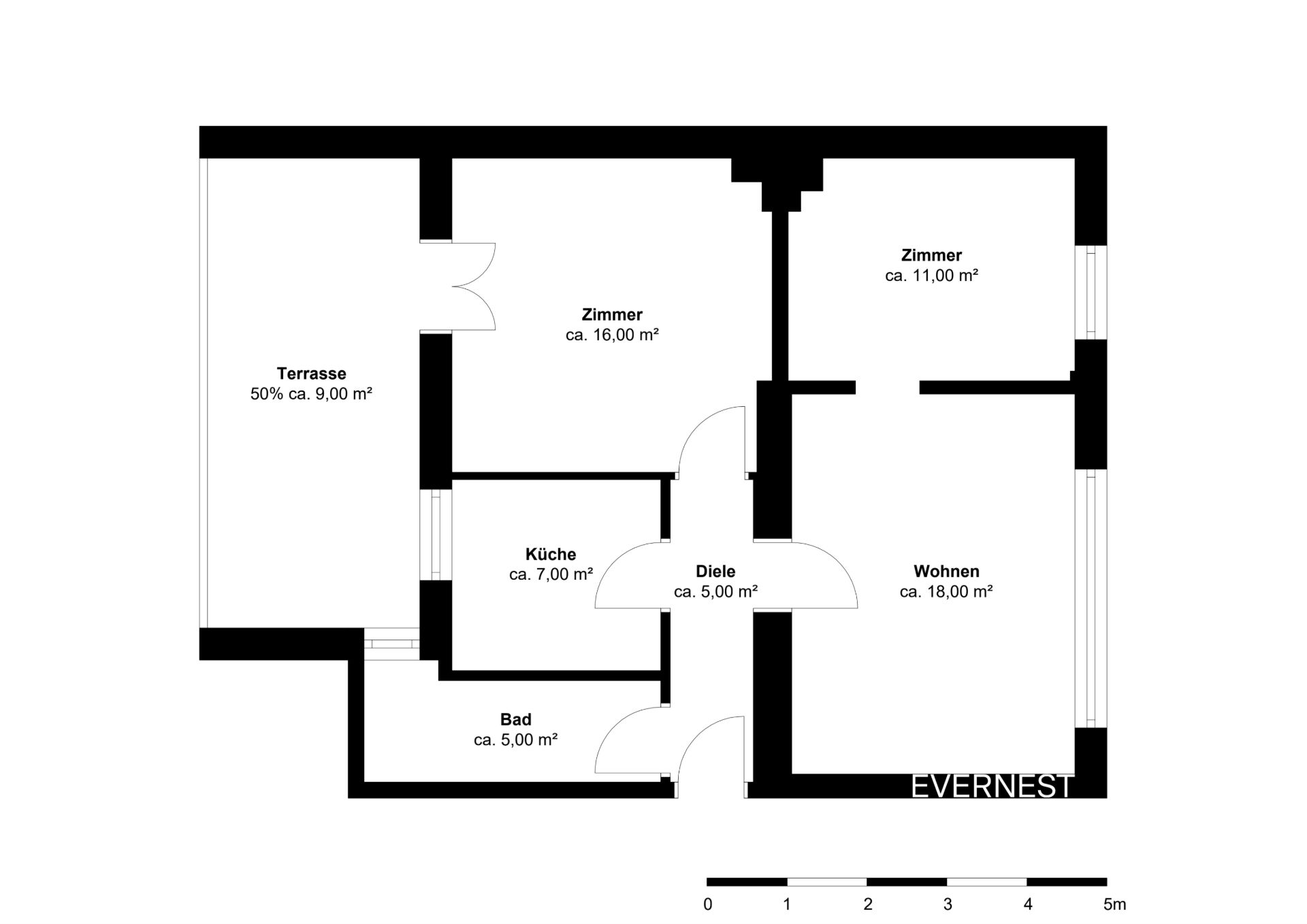 Grundriss einer Wohnung mit Terrasse, zwei Zimmern, Wohnzimmer, Küche, Bad und Diele.