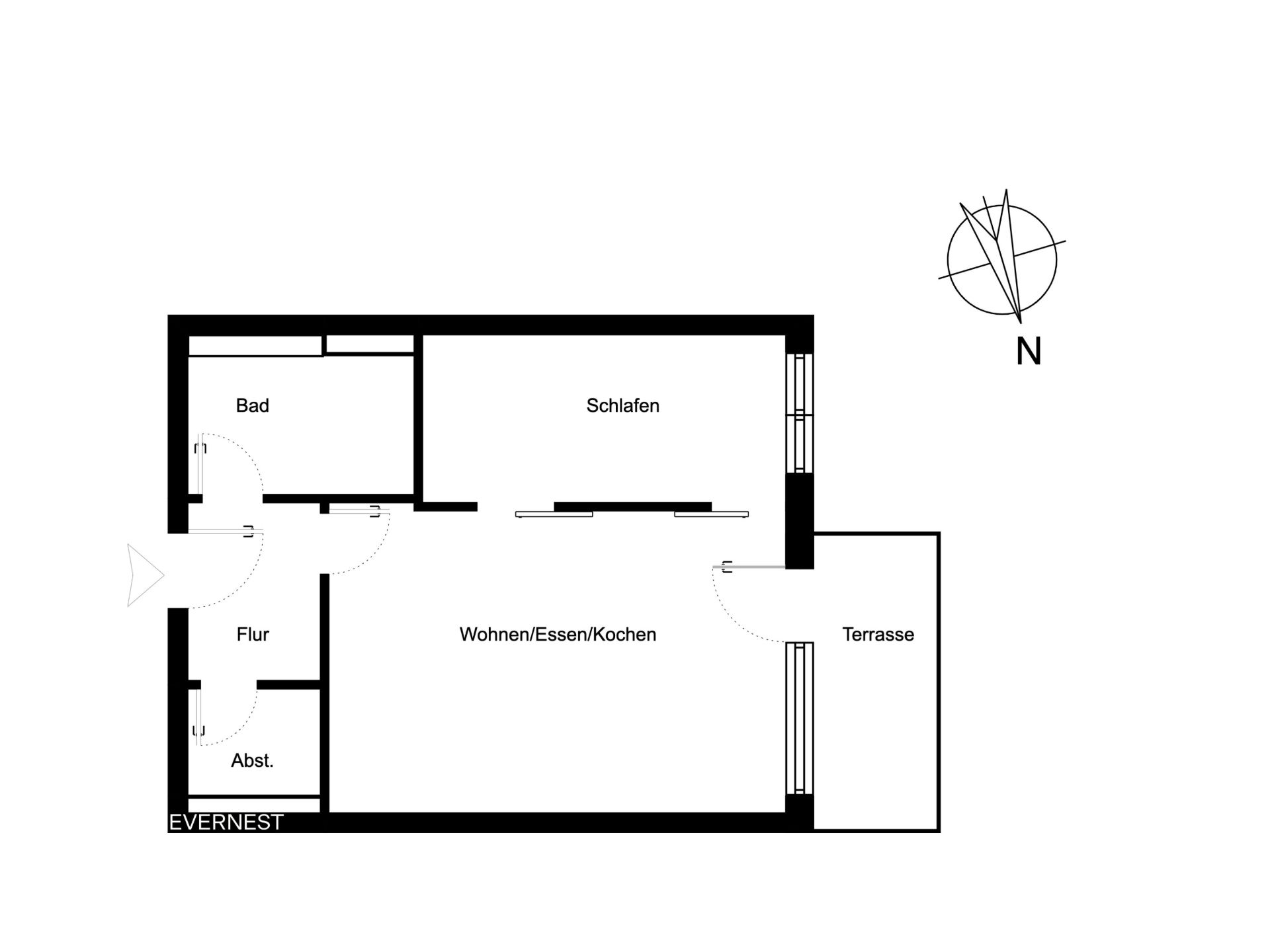 Grundriss einer Wohnung mit Bad, Schlafzimmer, Flur, Abstellraum, Wohnbereich und Terrasse.