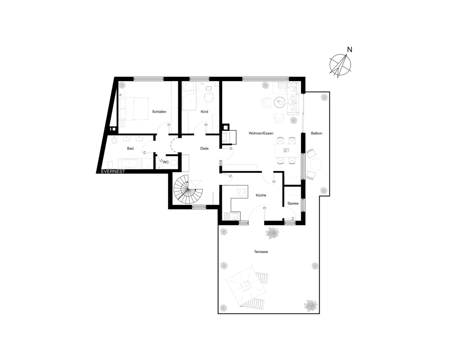 Grundriss einer Wohnung mit Schlafzimmer, Kinderzimmer, Bad, Küche, Wohnzimmer, Balkon und Terrasse.