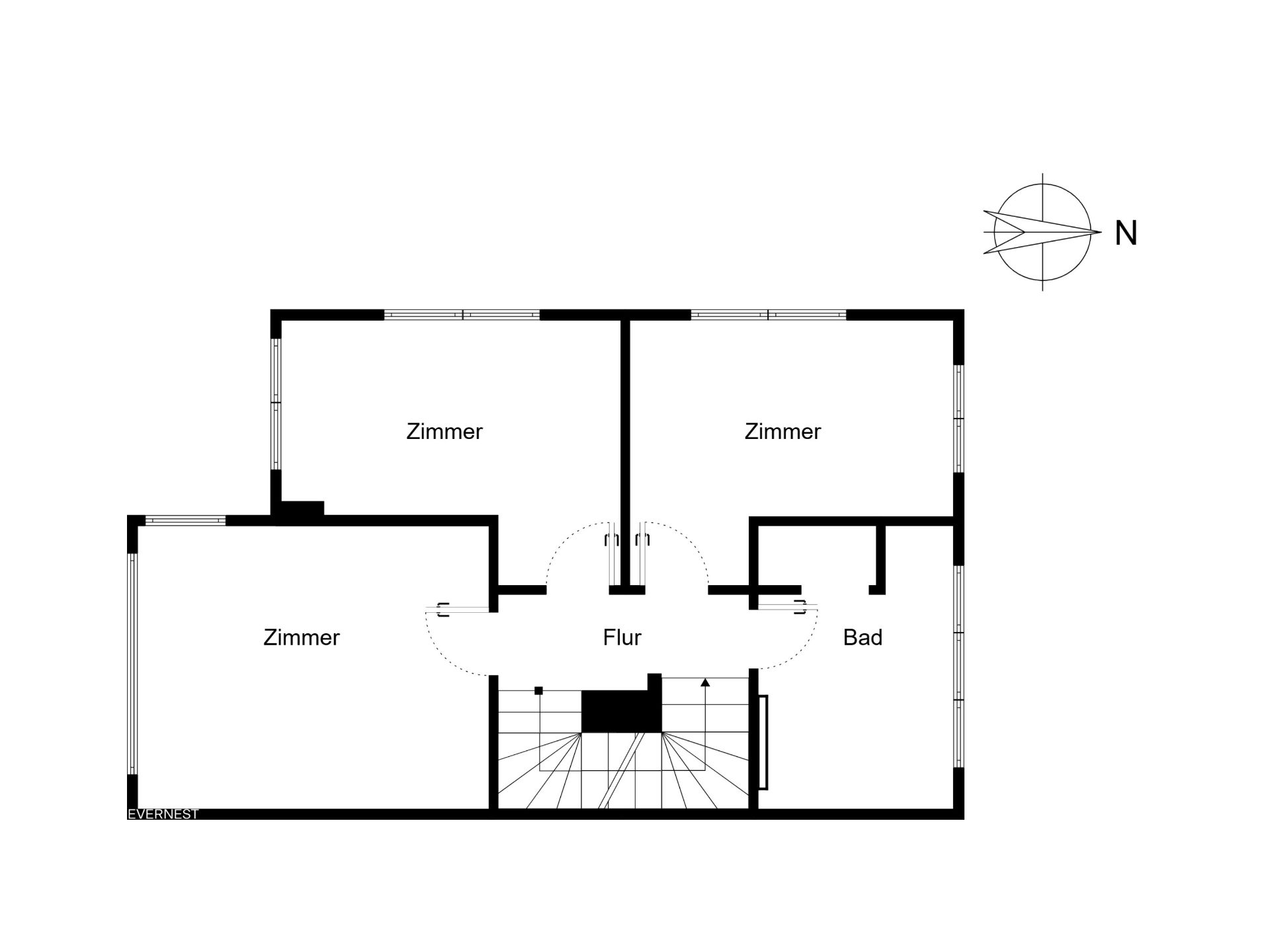 Grundriss mit drei Zimmern, Flur, Bad und Treppe.