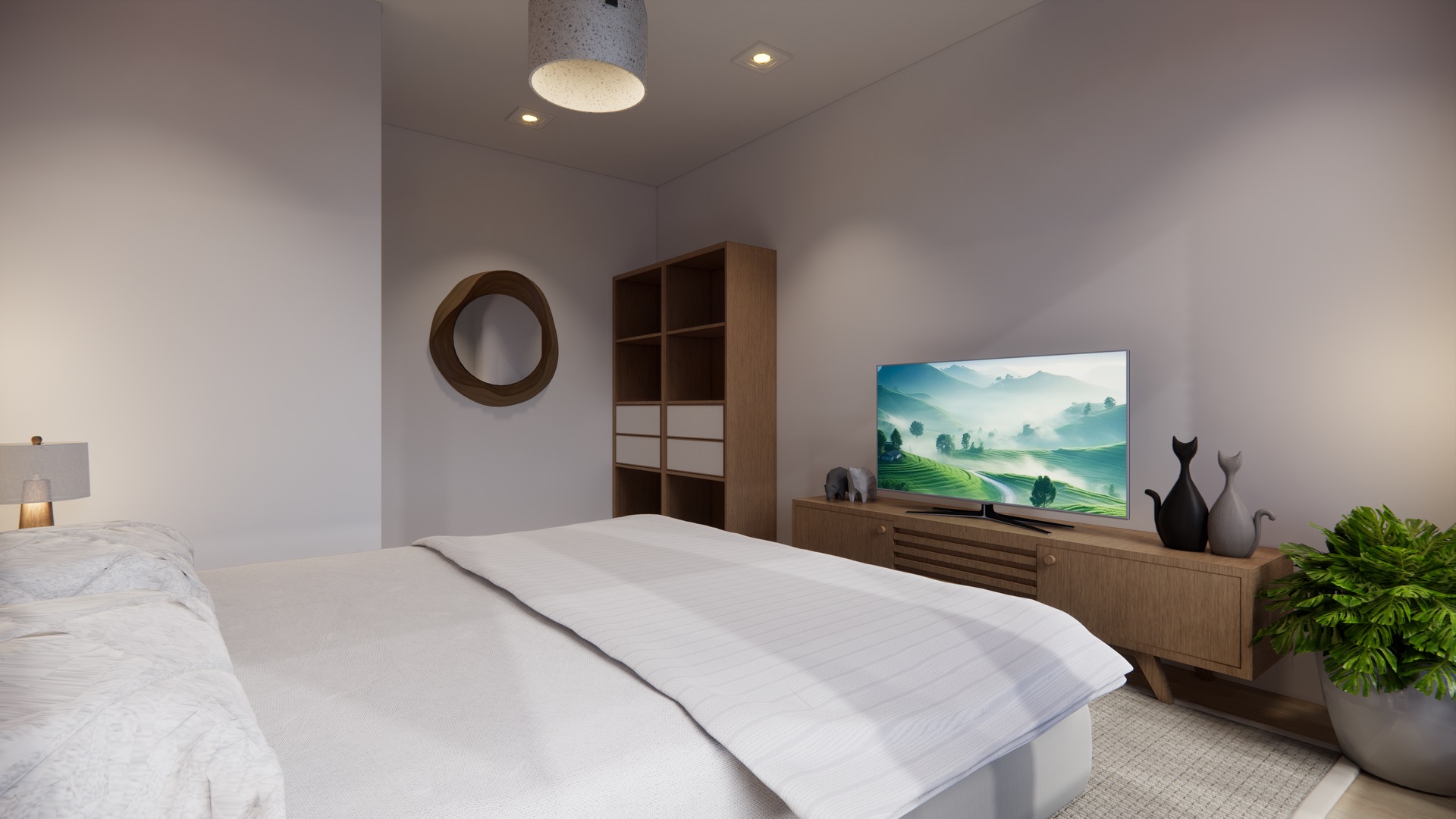 Schlafzimmer mit Bett, Fernseher auf Sideboard, Regal, Lampe und Pflanze.