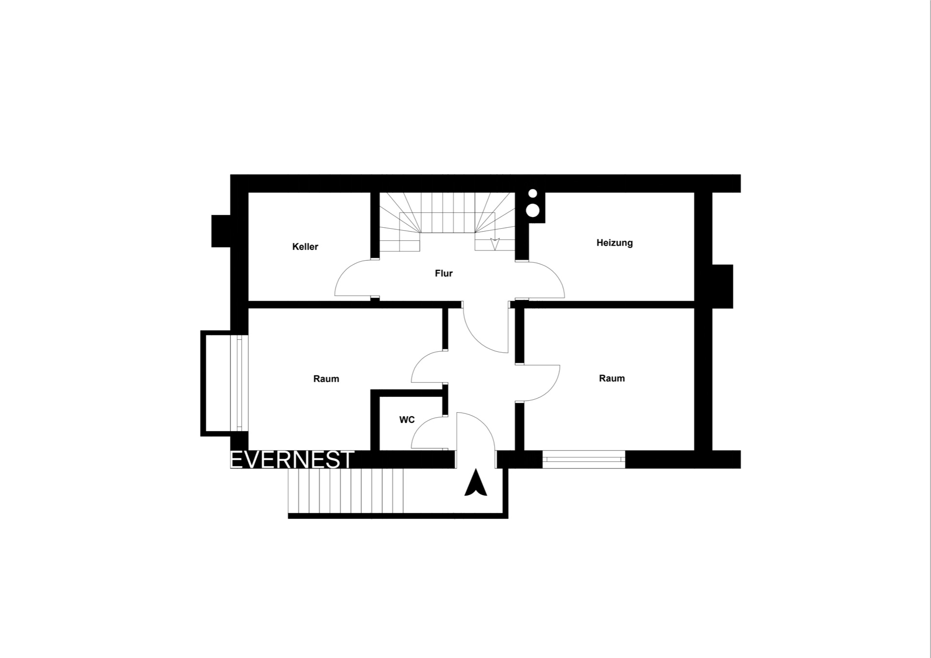 Grundriss eines Kellers mit Flur, zwei Räumen, WC, Heizungsraum und Kellerraum.
