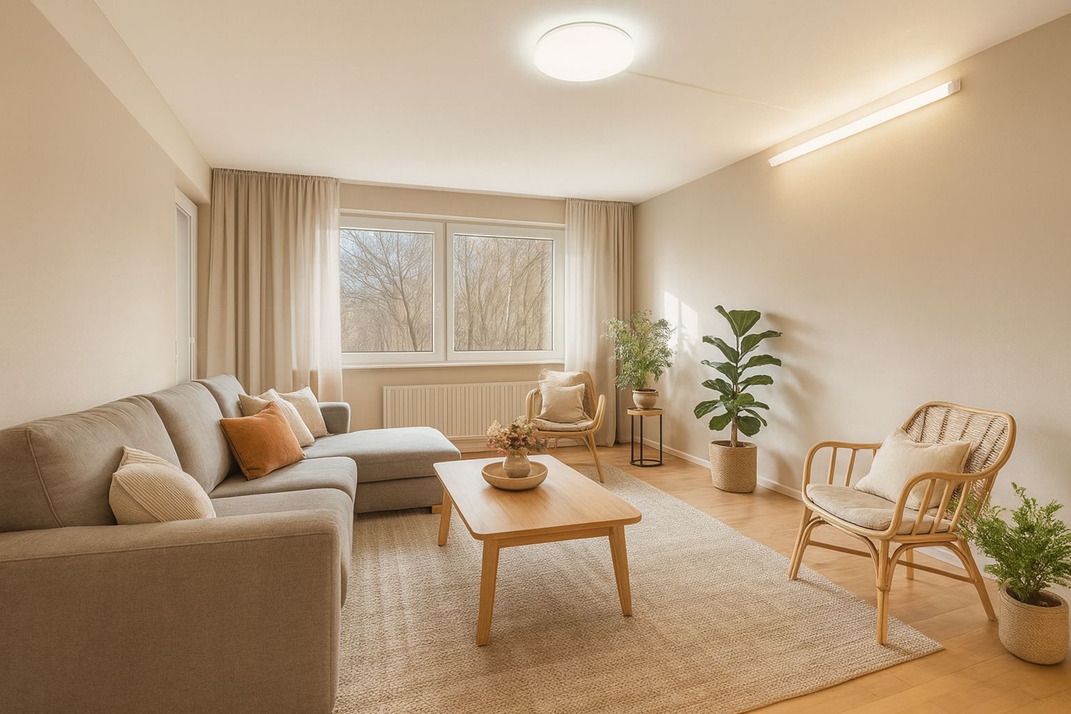 Helles Wohnzimmer mit Sofa, Sessel, Couchtisch, Pflanzen und großem Fenster.