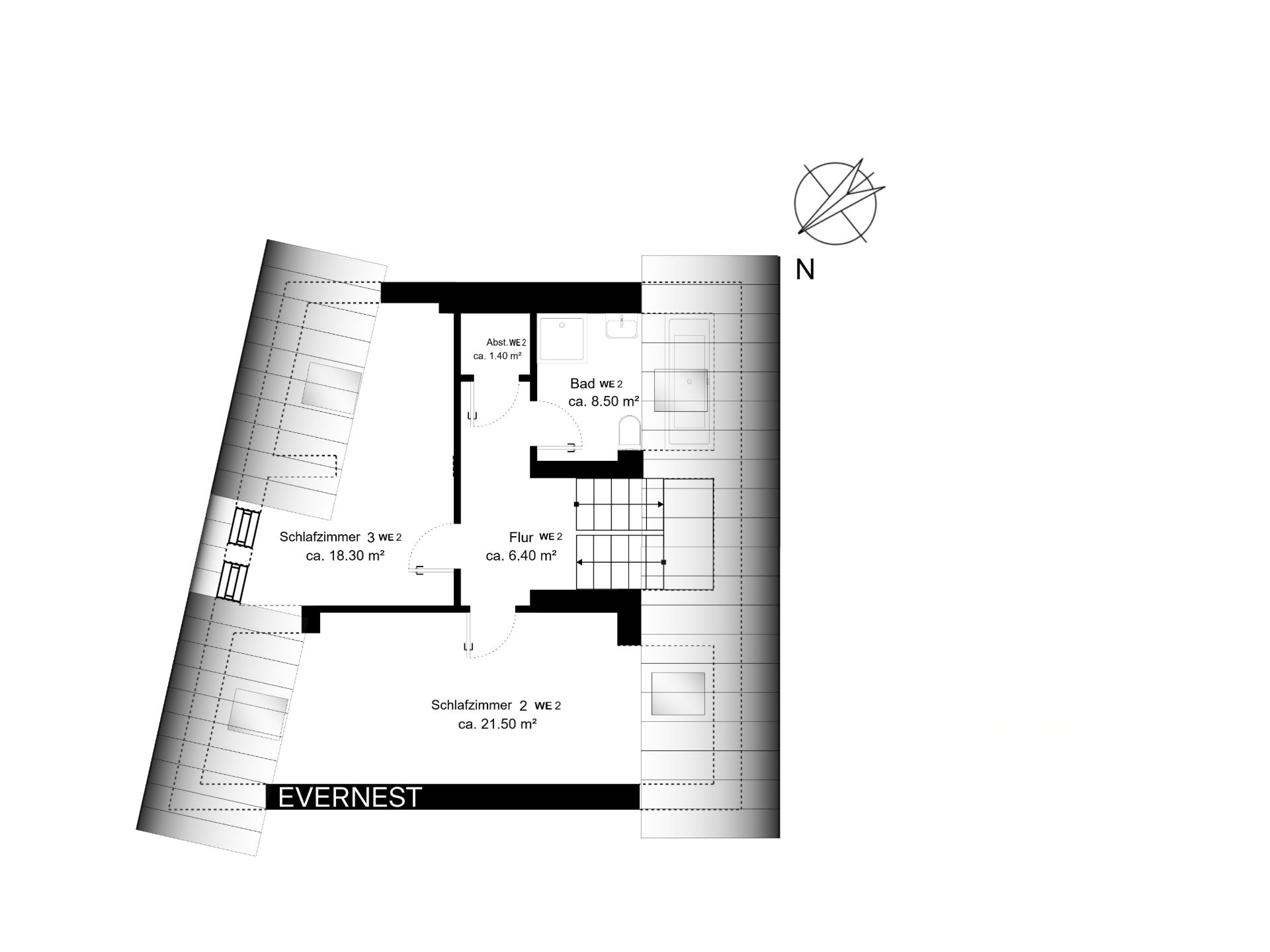 Grundriss mit zwei Schlafzimmern, Bad, Abstellraum und Flur.