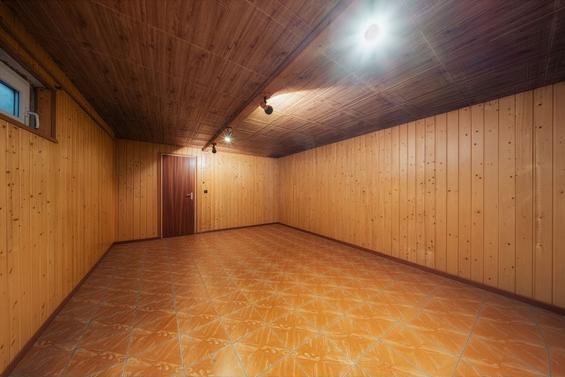 Leerstehender Raum mit Holzverschalung, Fliesenboden, Fenster und einer Tür.