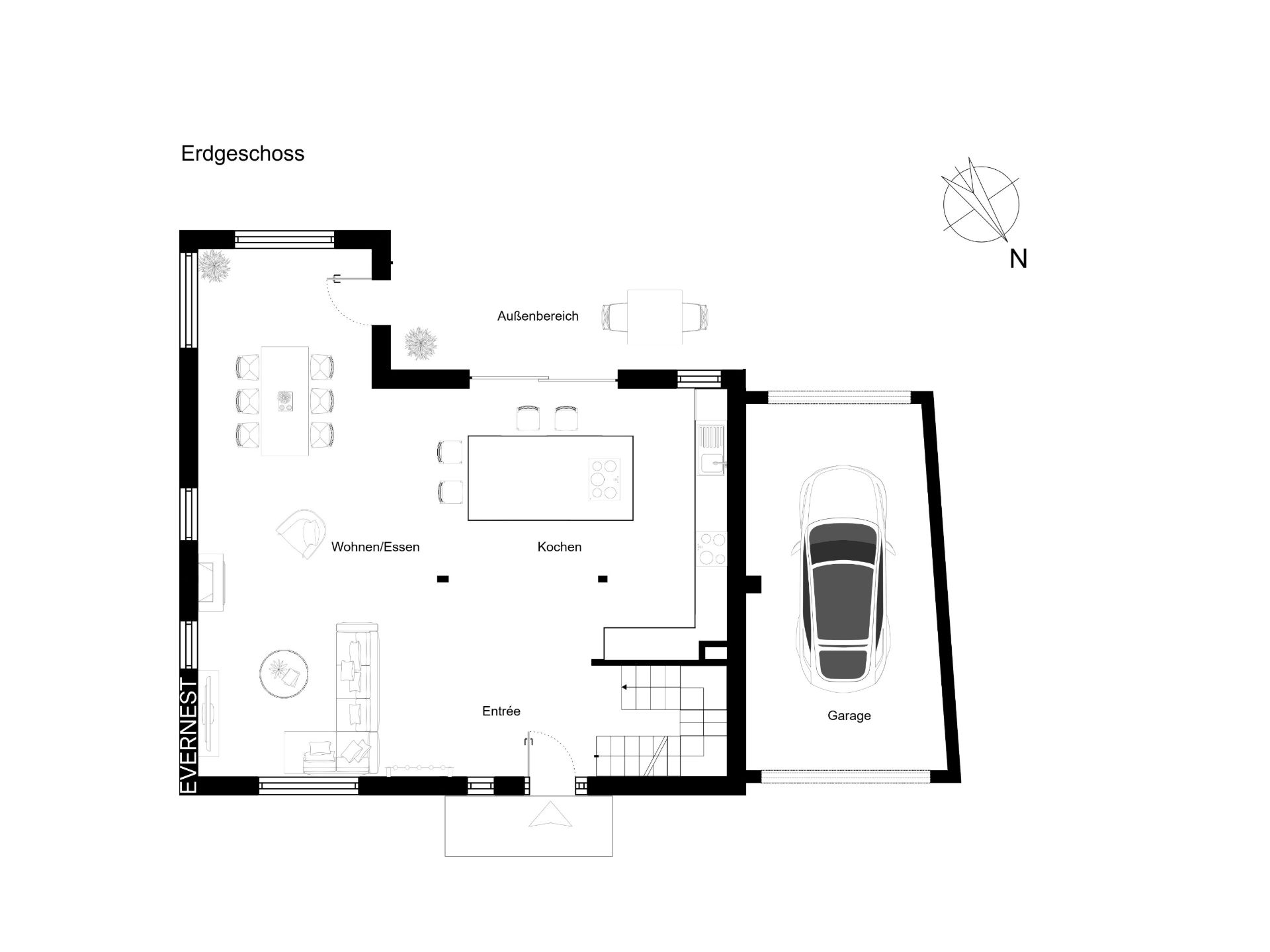 Grundriss des Erdgeschosses mit Wohnbereich, Küche, Garage und Außenbereich.