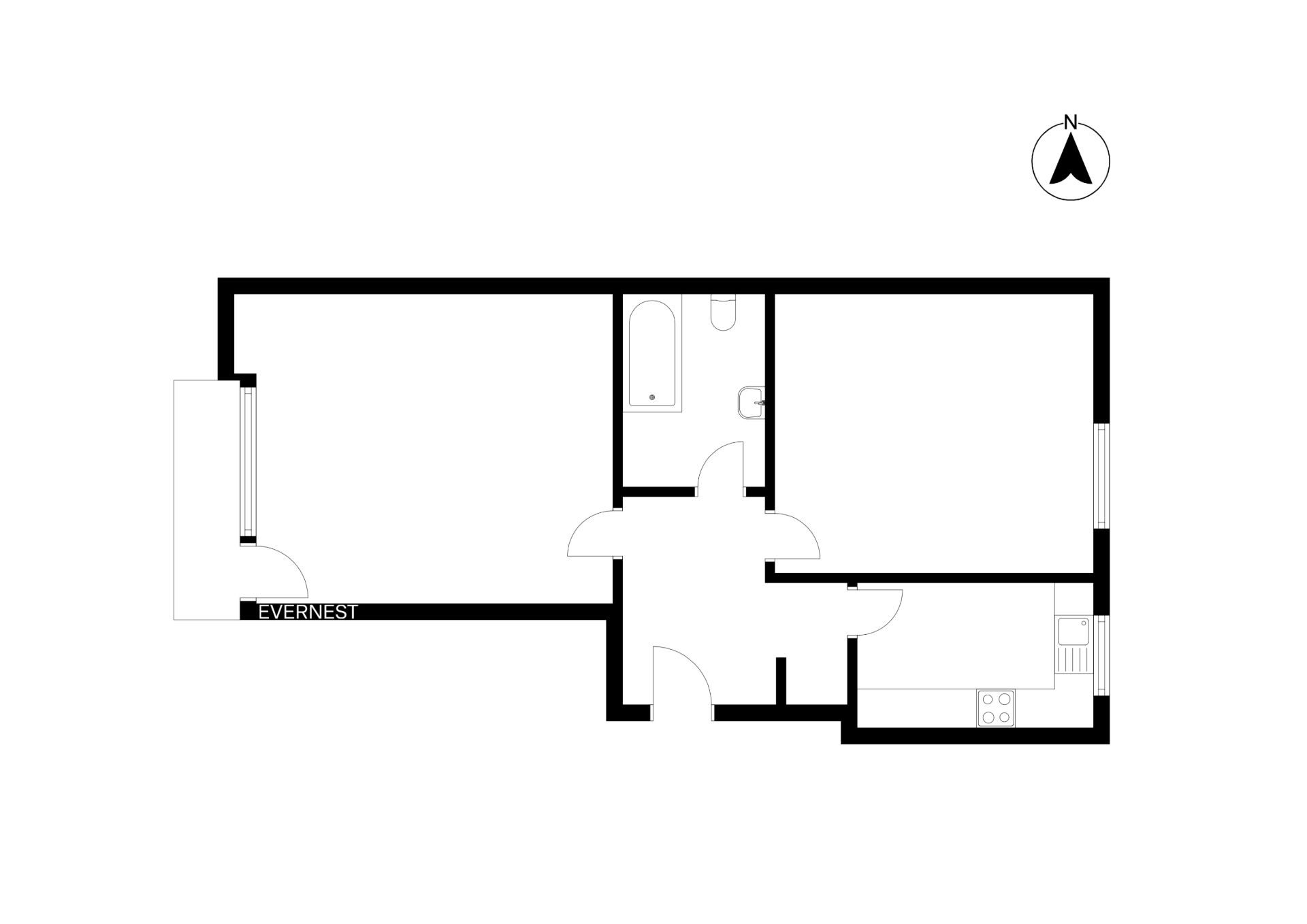 Schwarz-weißer Grundriss einer Wohnung mit Bad, Küche und zwei Zimmern.