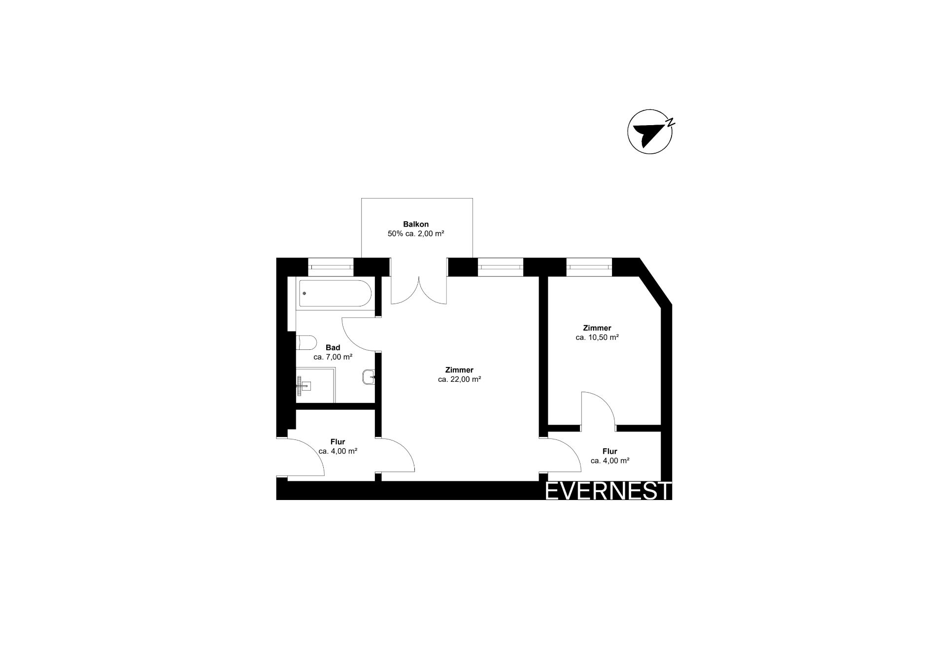 Grundriss mit zwei Zimmern, Bad, zwei Fluren und einem Balkon.