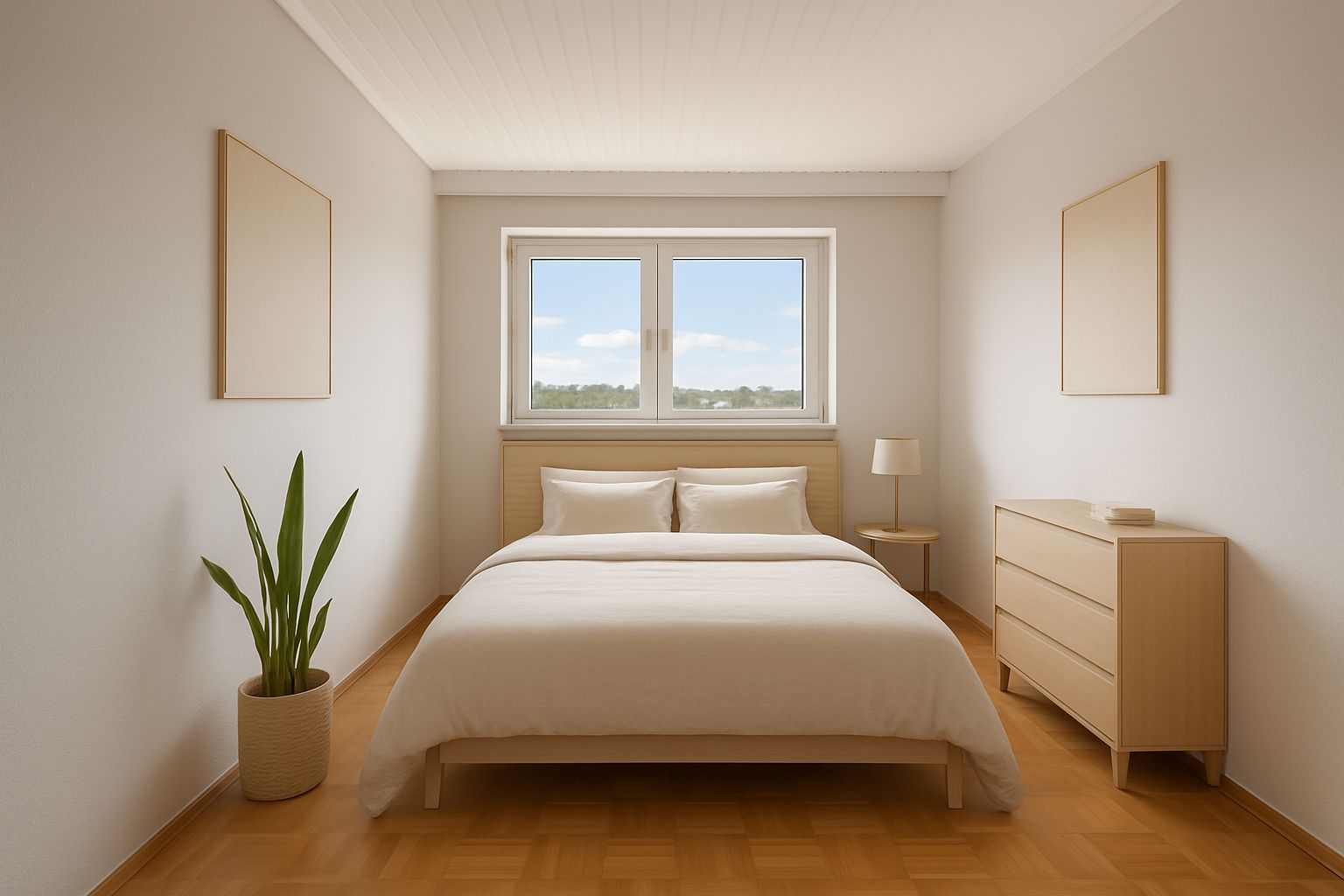 Helles Schlafzimmer mit Doppelbett, zwei Bildern, Kommode, Nachttisch und Pflanze am Fenster.