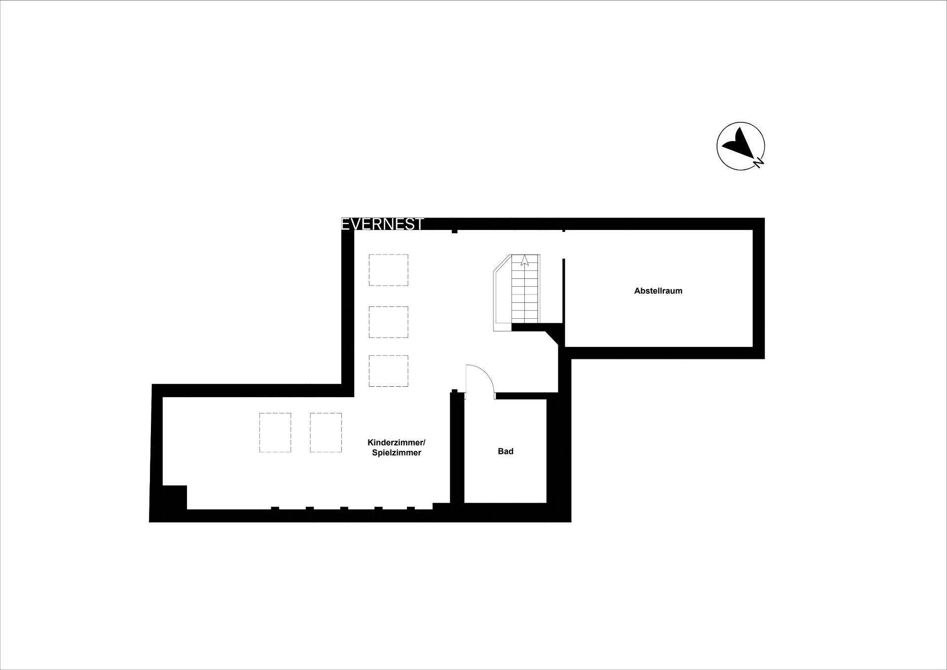 Grundriss mit Kinderzimmer/Spielzimmer, Bad, Abstellraum und Treppenaufgang.