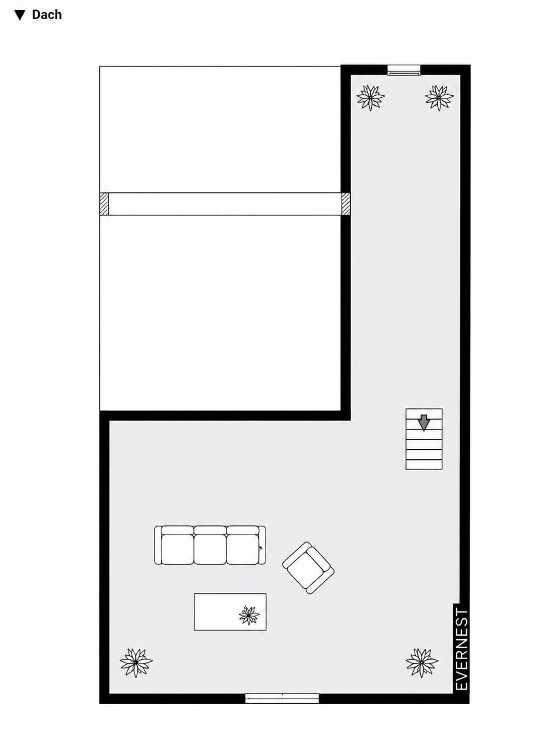 Grundriss einer Dachterrasse mit Sofa, Sessel, Tisch und mehreren Pflanzen.