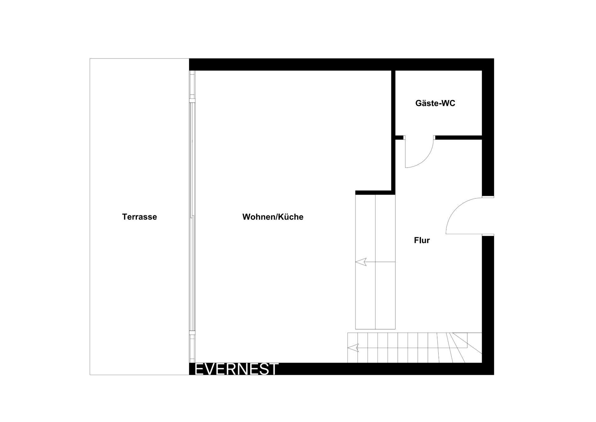 Grundriss zeigt Terrasse, Wohnküche, Flur und Gäste-WC.