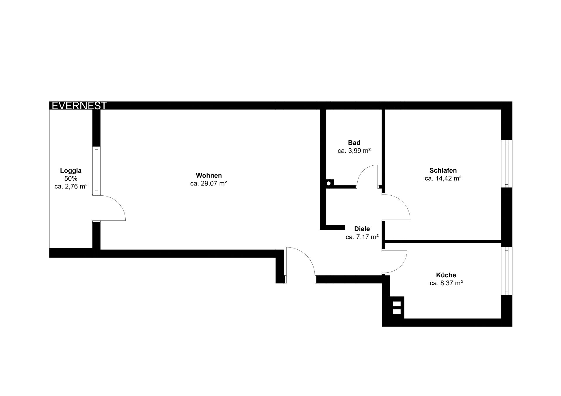 Grundriss einer Wohnung mit Wohnzimmer, Schlafzimmer, Bad, Küche, Diele und Loggia.