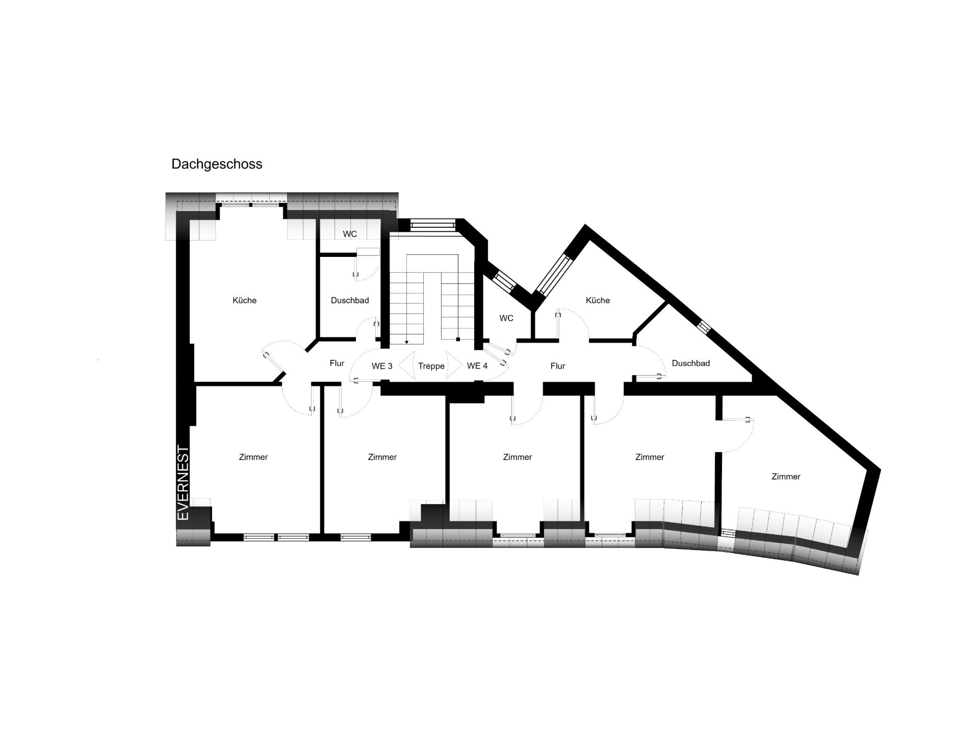 Grundriss eines Dachgeschosses mit mehreren Zimmern, Küchen, Bädern und Fluren.