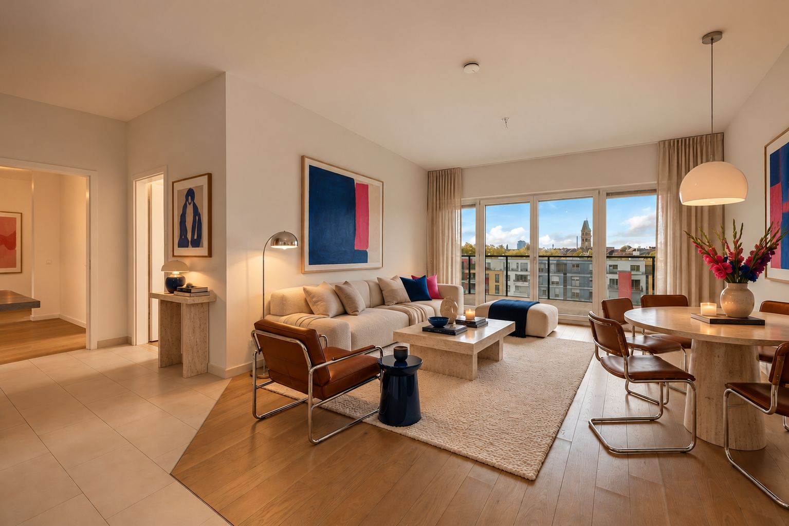 Modernes Wohnzimmer mit Sofa, Sesseln, Esstisch und großen Fenstern zu einem Balkon.