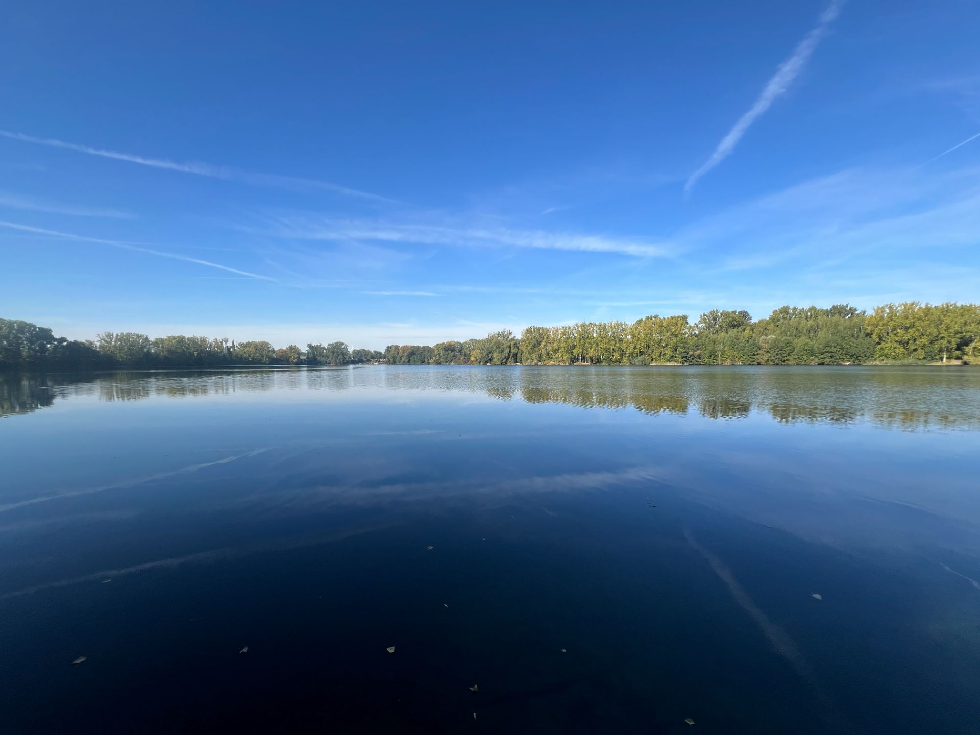 Ruhiger See mit spiegelglattem Wasser und Bäumen am Ufer unter blauem Himmel.