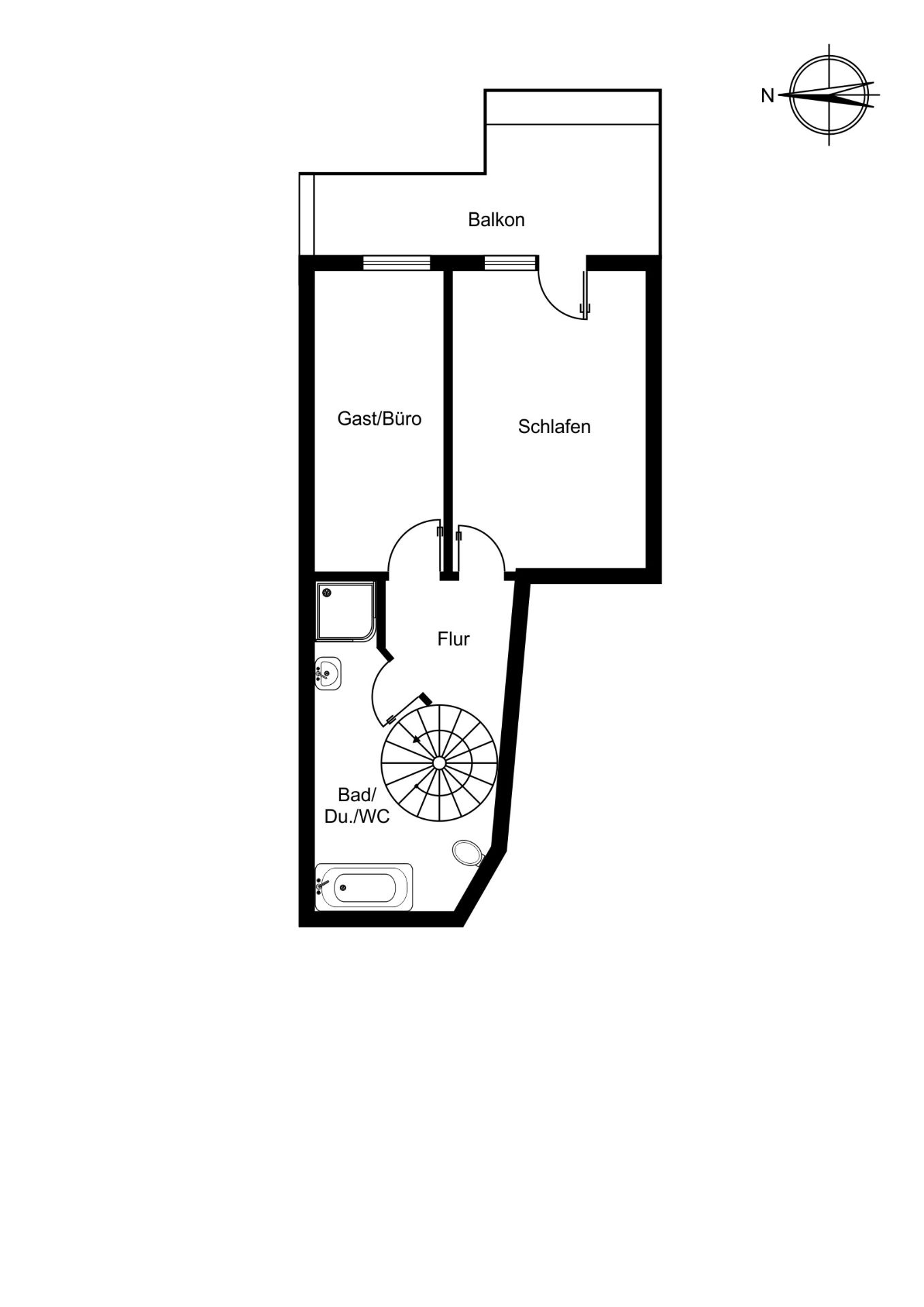 Grundriss mit Schlafzimmer, Gästezimmer/Büro, Bad, Flur, Balkon und Wendeltreppe.