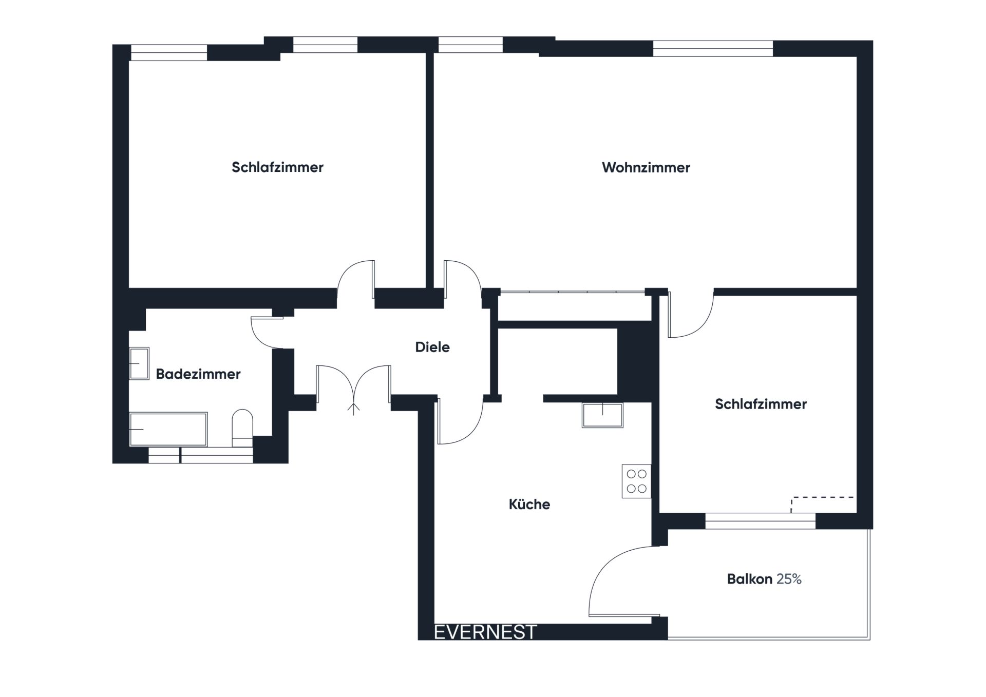 Grundriss einer Wohnung mit zwei Schlafzimmern, Wohnzimmer, Küche, Badezimmer und Balkon.
