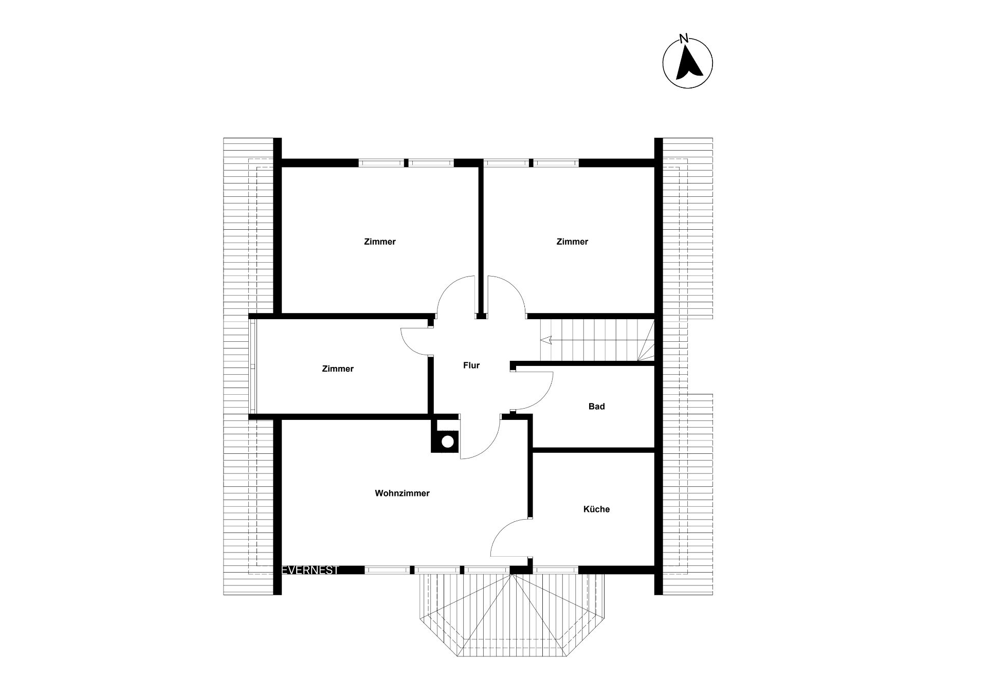 Grundriss einer Wohnung mit drei Zimmern, Wohnzimmer, Küche, Bad und Flur.