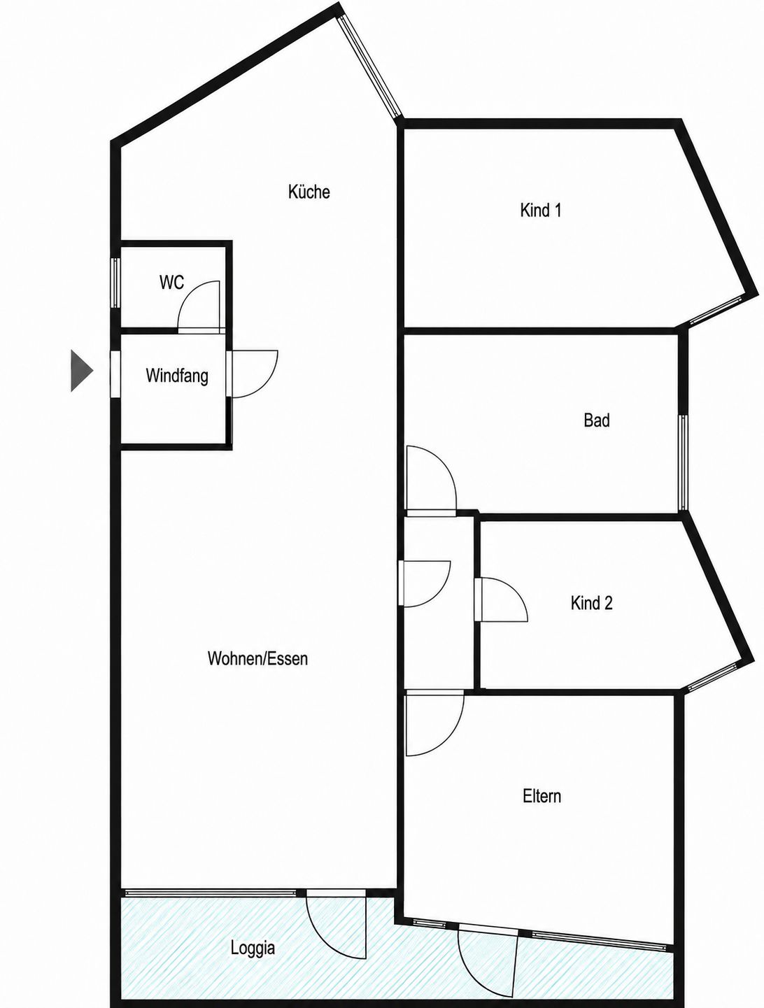 Grundriss einer Wohnung mit Küche, Wohnzimmer, Bad, WC, Loggia und drei weiteren Zimmern.