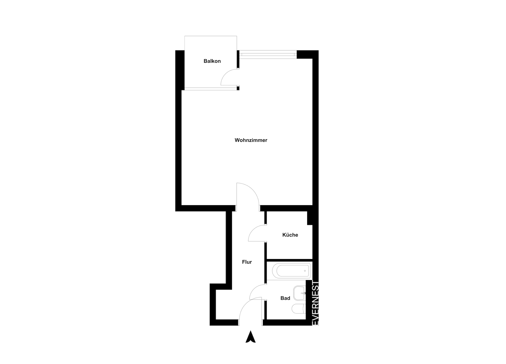 Grundriss einer Wohnung mit Wohnzimmer, Balkon, Küche, Bad und Flur.