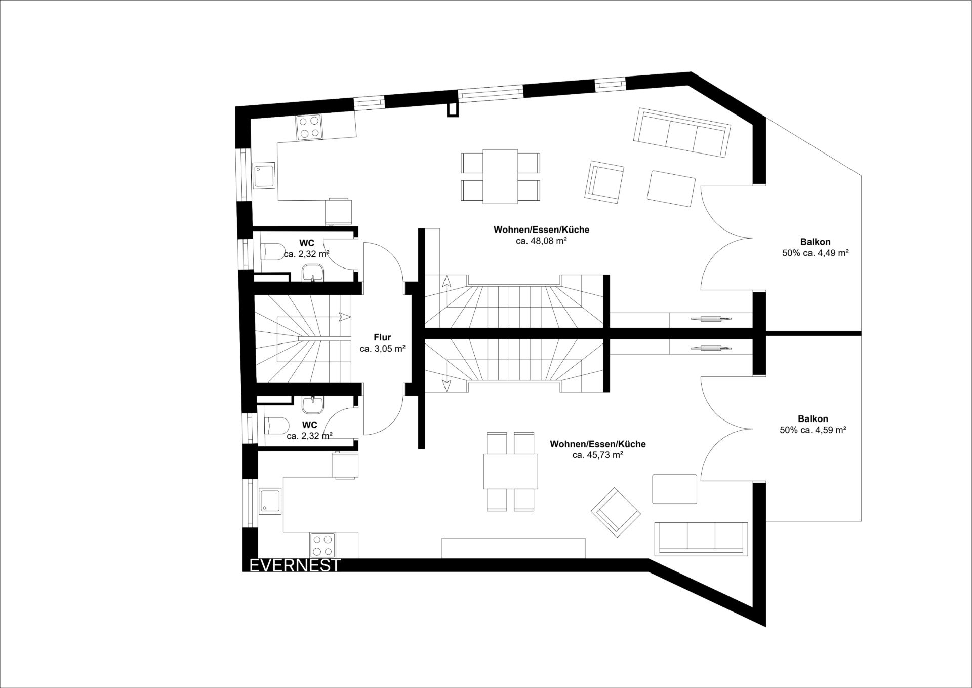 Grundriss mit zwei Wohnbereichen, zwei Balkonen, zwei WCs und zentraler Treppe.