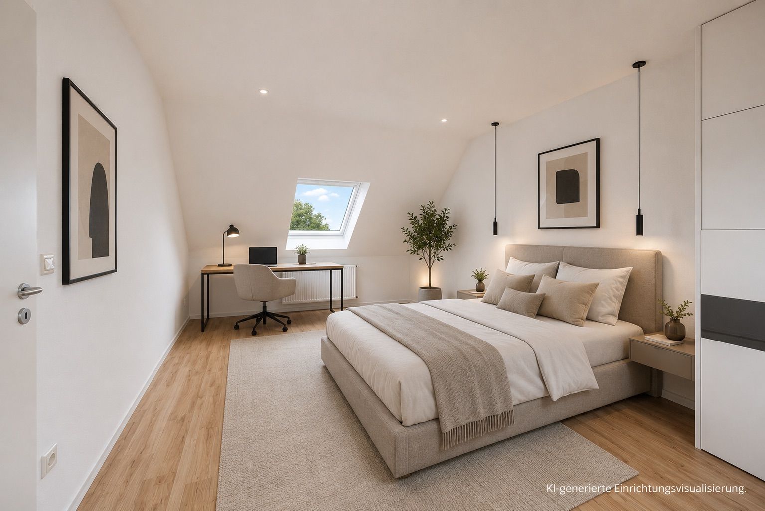 Modern eingerichtetes Schlafzimmer mit großem Bett, Schreibtisch, Stuhl und Dachfenster.