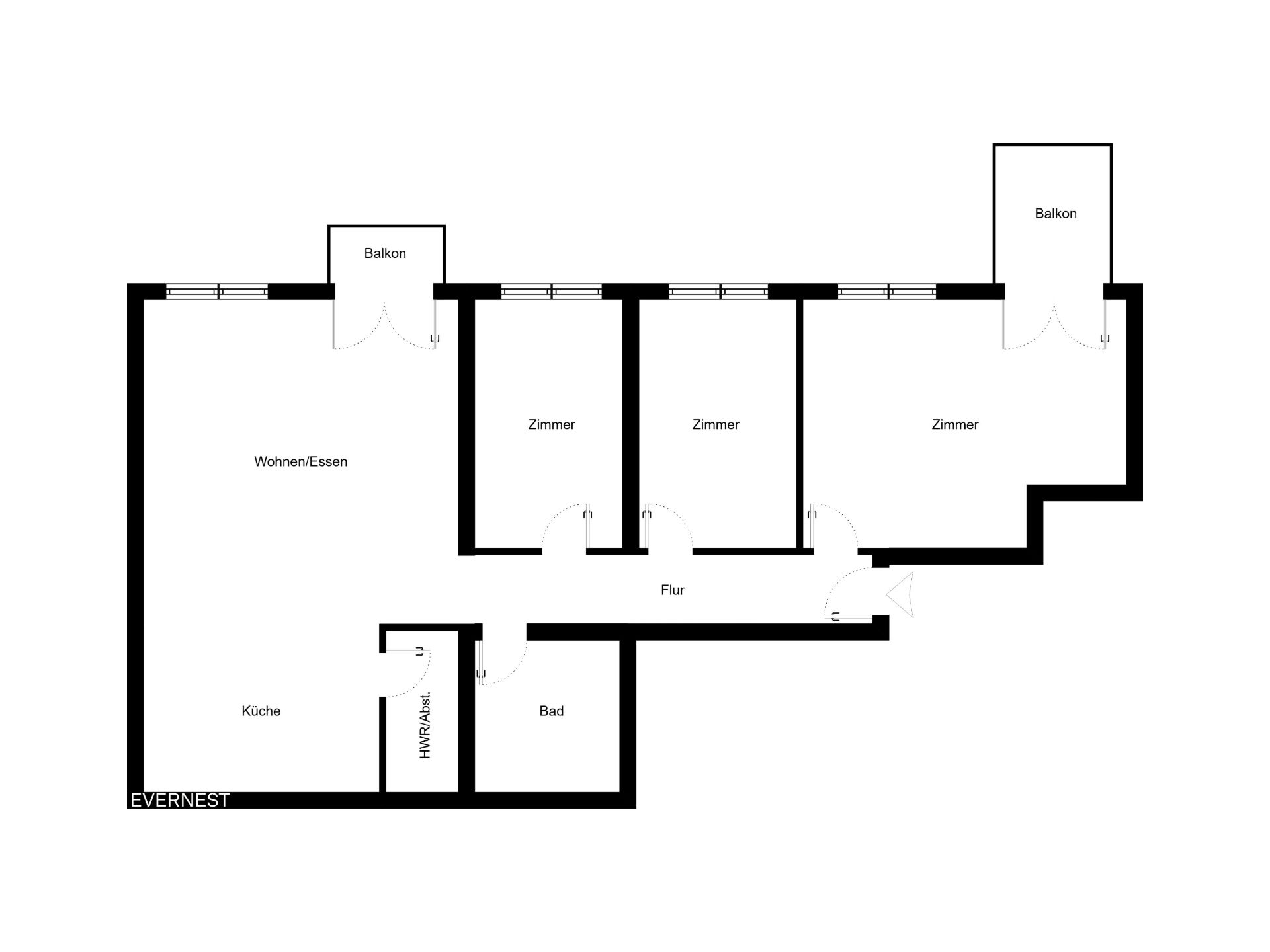 Grundriss einer Wohnung mit drei Zimmern, Wohnzimmer, Küche, Bad und zwei Balkonen.