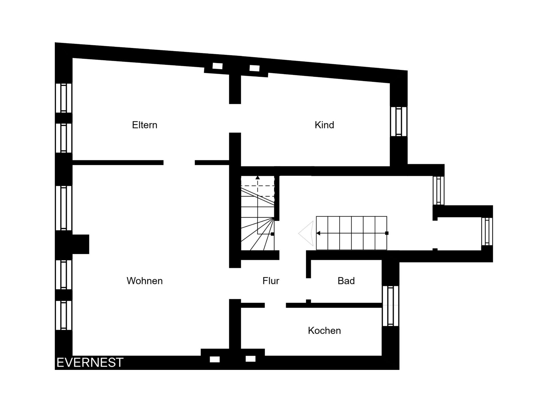Grundriss mit Zimmern: Eltern, Kind, Wohnen, Kochen, Bad und Flur.