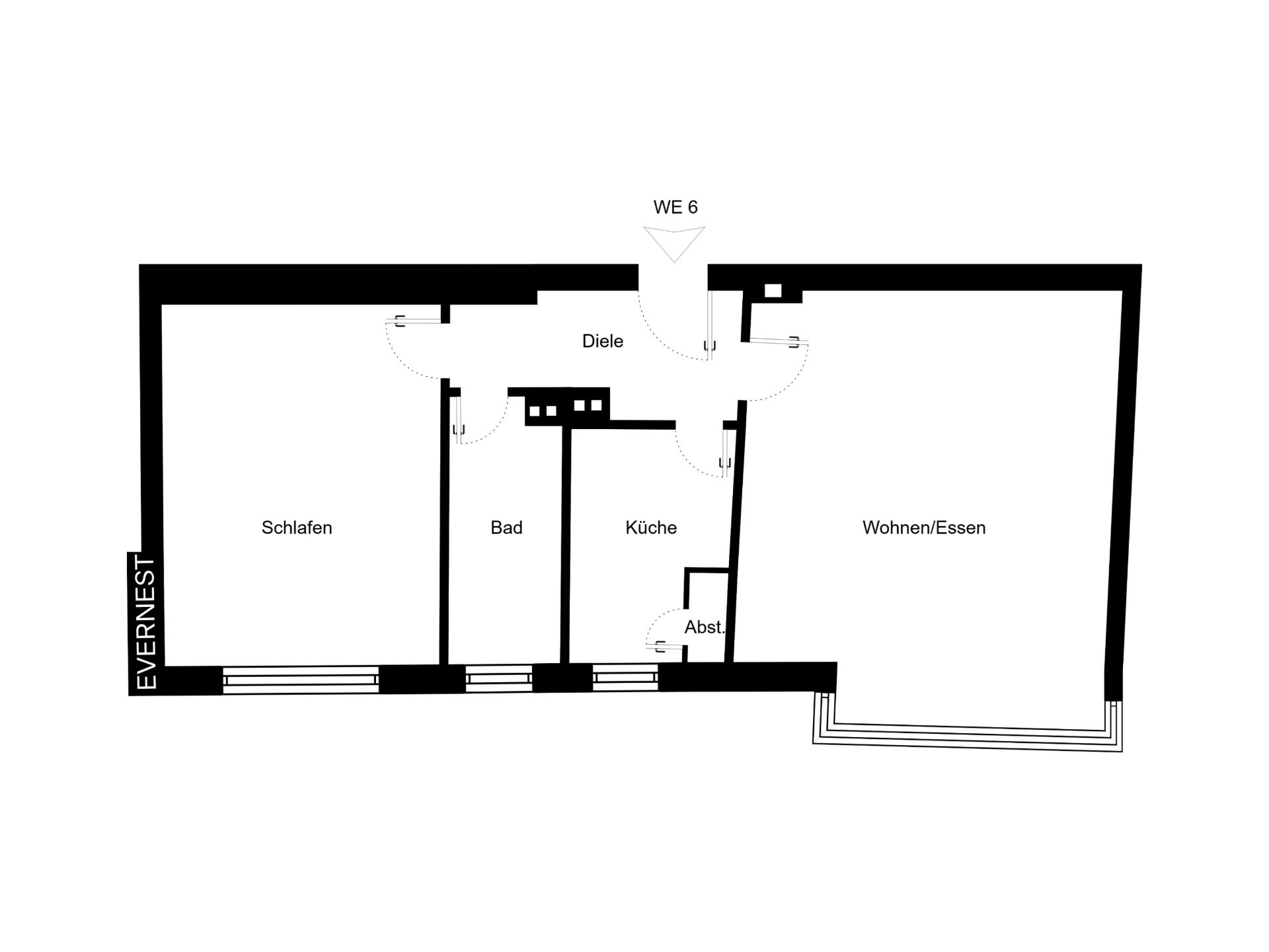 Grundriss einer Wohnung mit Schlafen, Bad, Küche, Abstellraum und Wohnen/Essen.