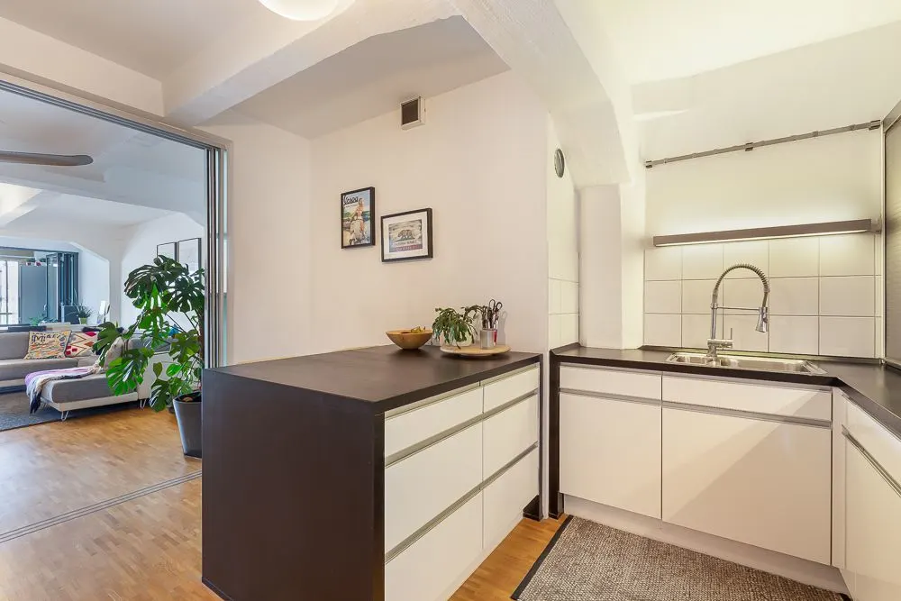 Moderne Küche mit weißen Schränken, dunkler Arbeitsplatte und Blick ins Wohnzimmer mit Pflanzen.