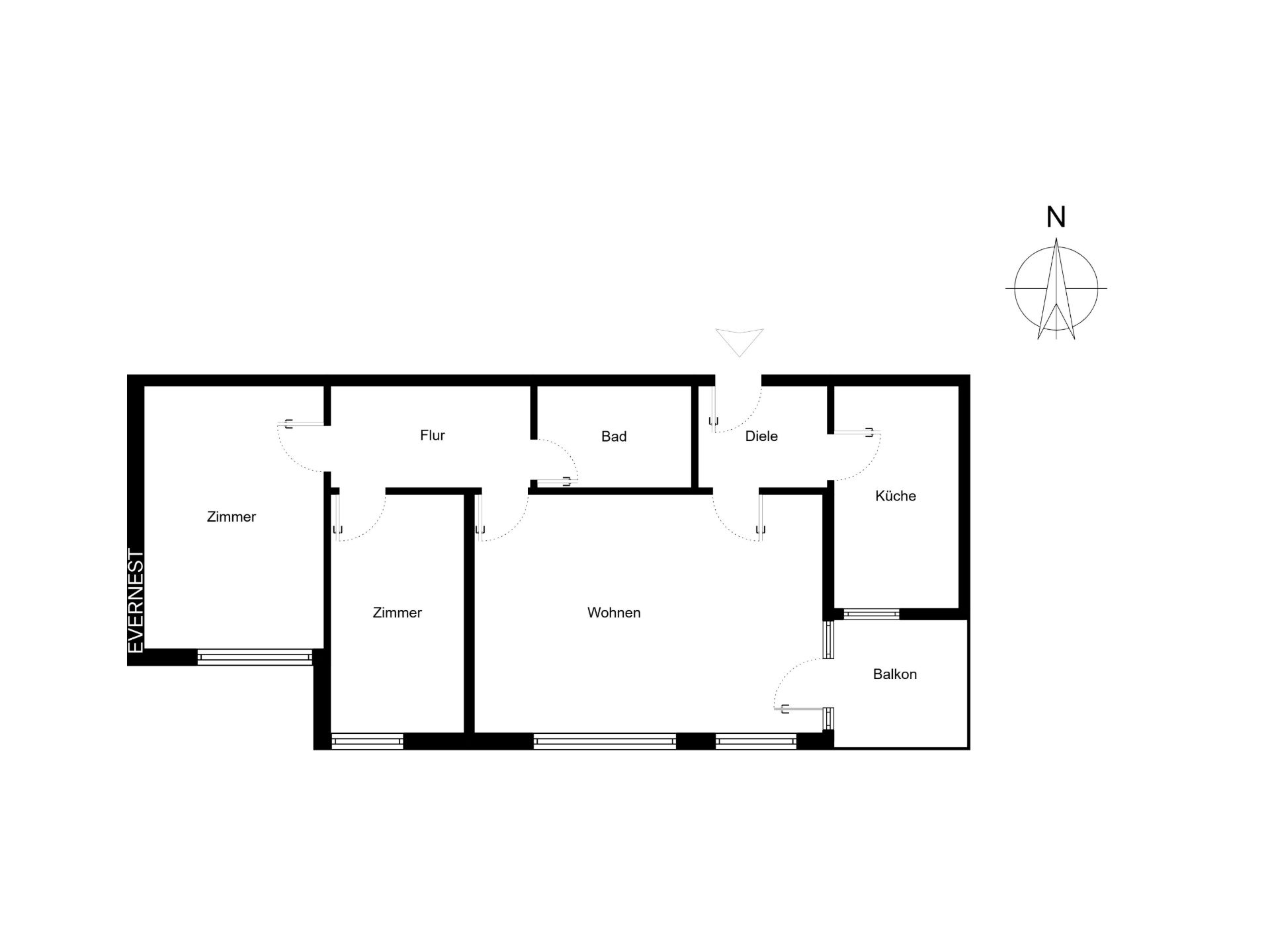 Grundriss einer Wohnung mit zwei Zimmern, Wohnzimmer, Küche, Bad, Flur, Diele und Balkon.