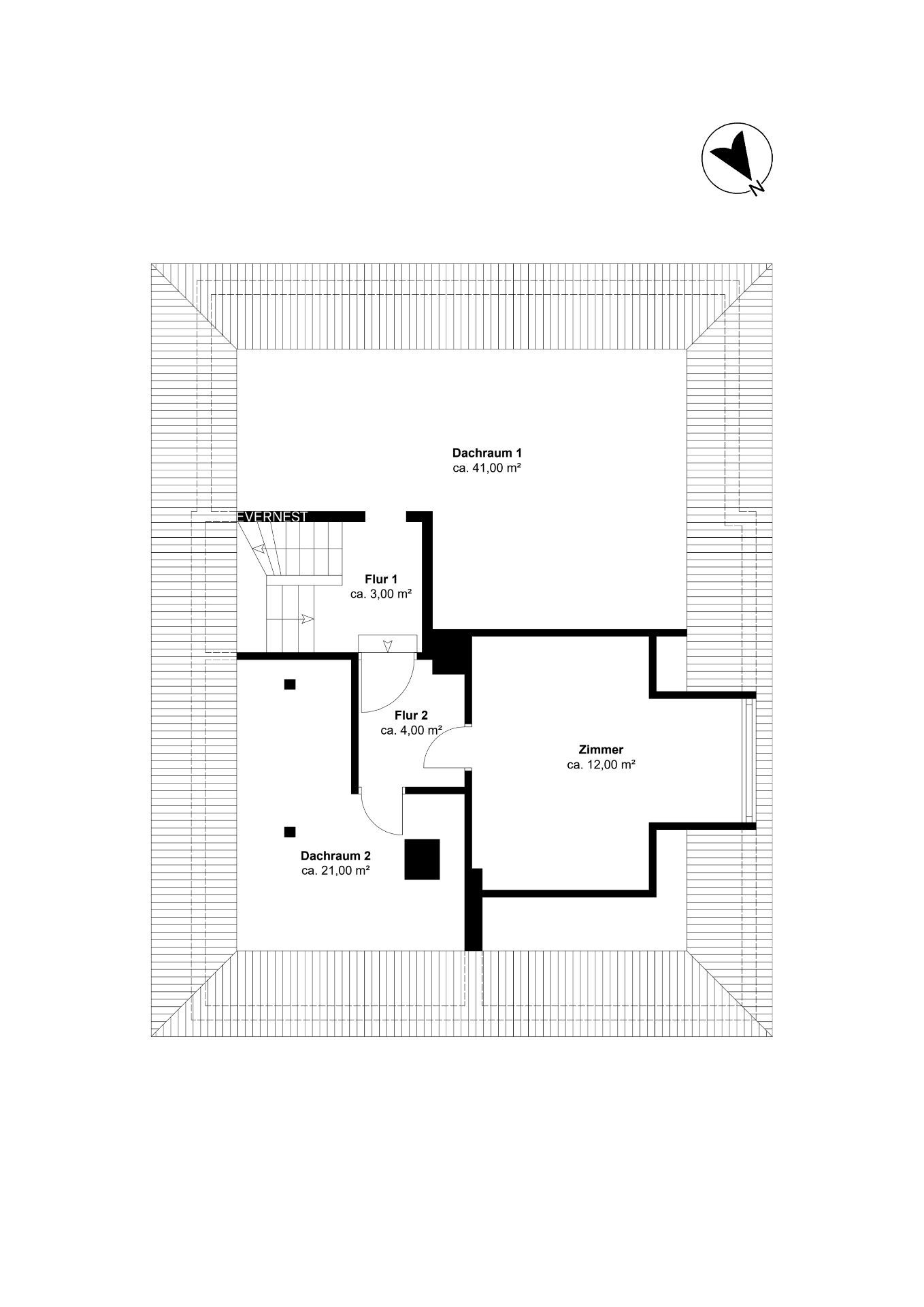 Grundriss eines Dachgeschosses mit zwei Dachräumen, einem Zimmer und Fluren.