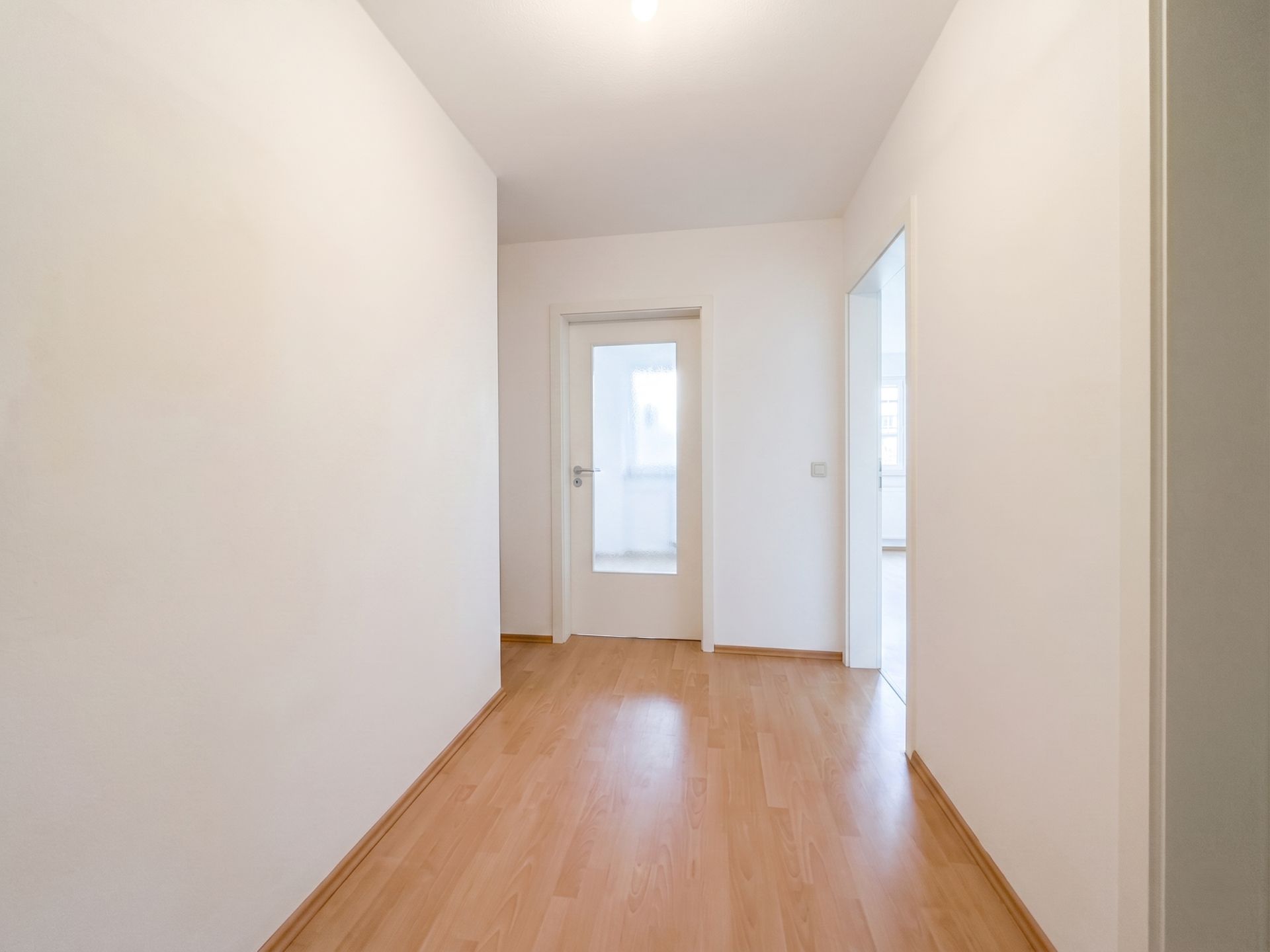 Heller Flur mit Holzboden, weißen Wänden und Glastür am Ende.