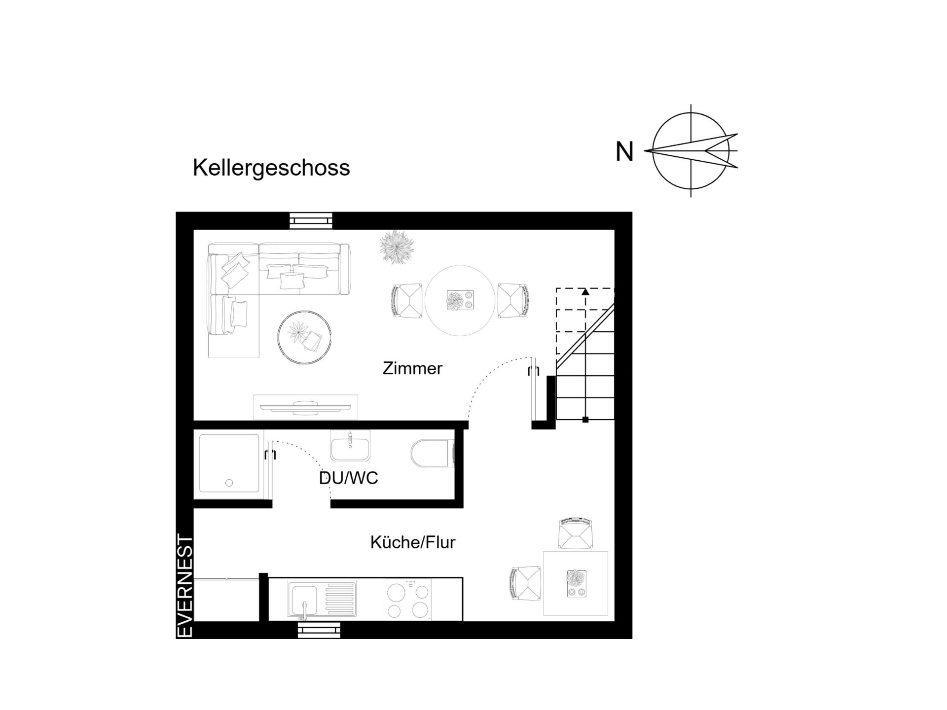 Grundriss eines Kellers mit Zimmer, Küche/Flur und DU/WC.