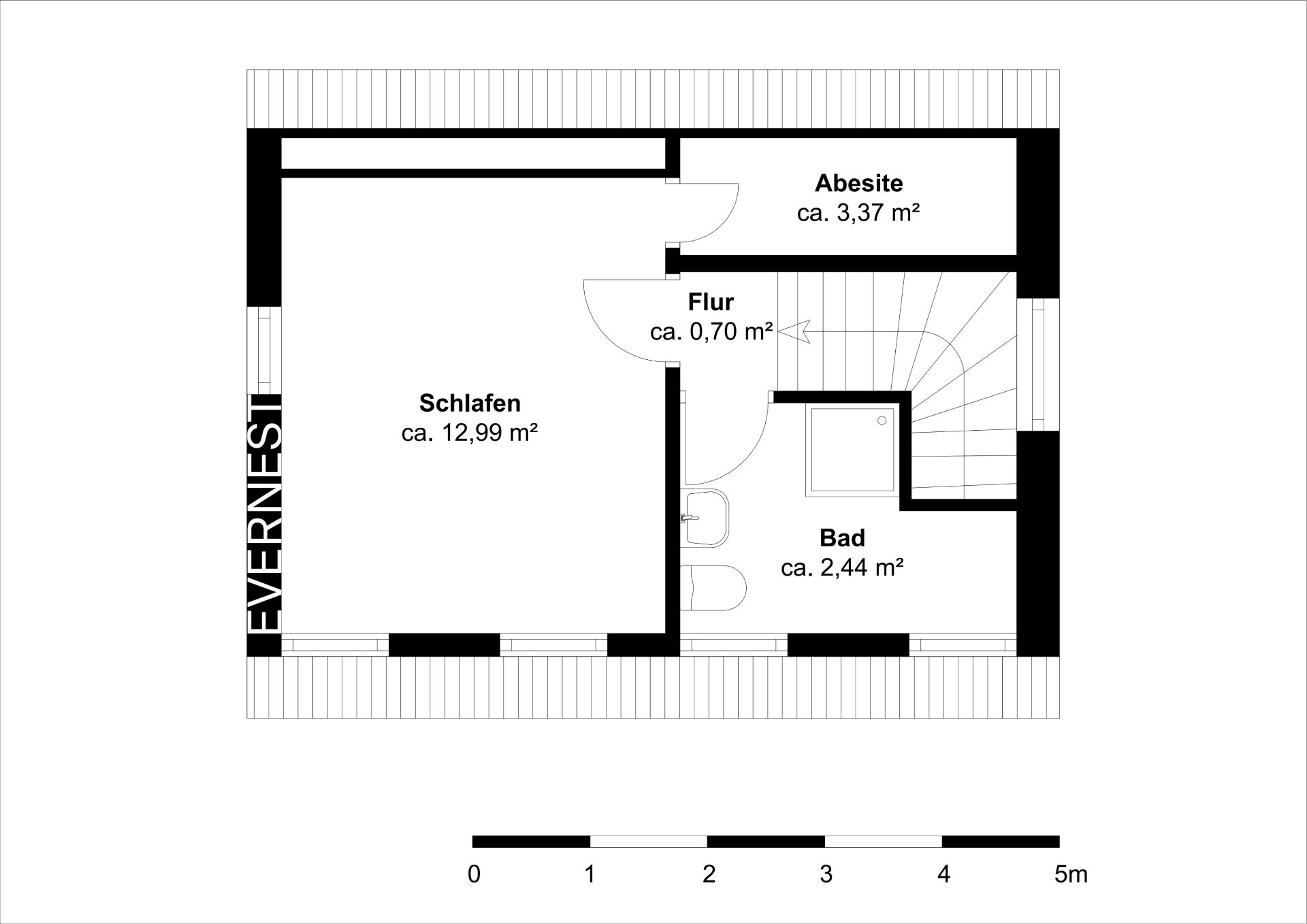 Grundriss mit Schlafzimmer, Bad, Abseite und Flur, inklusive Maßangaben.