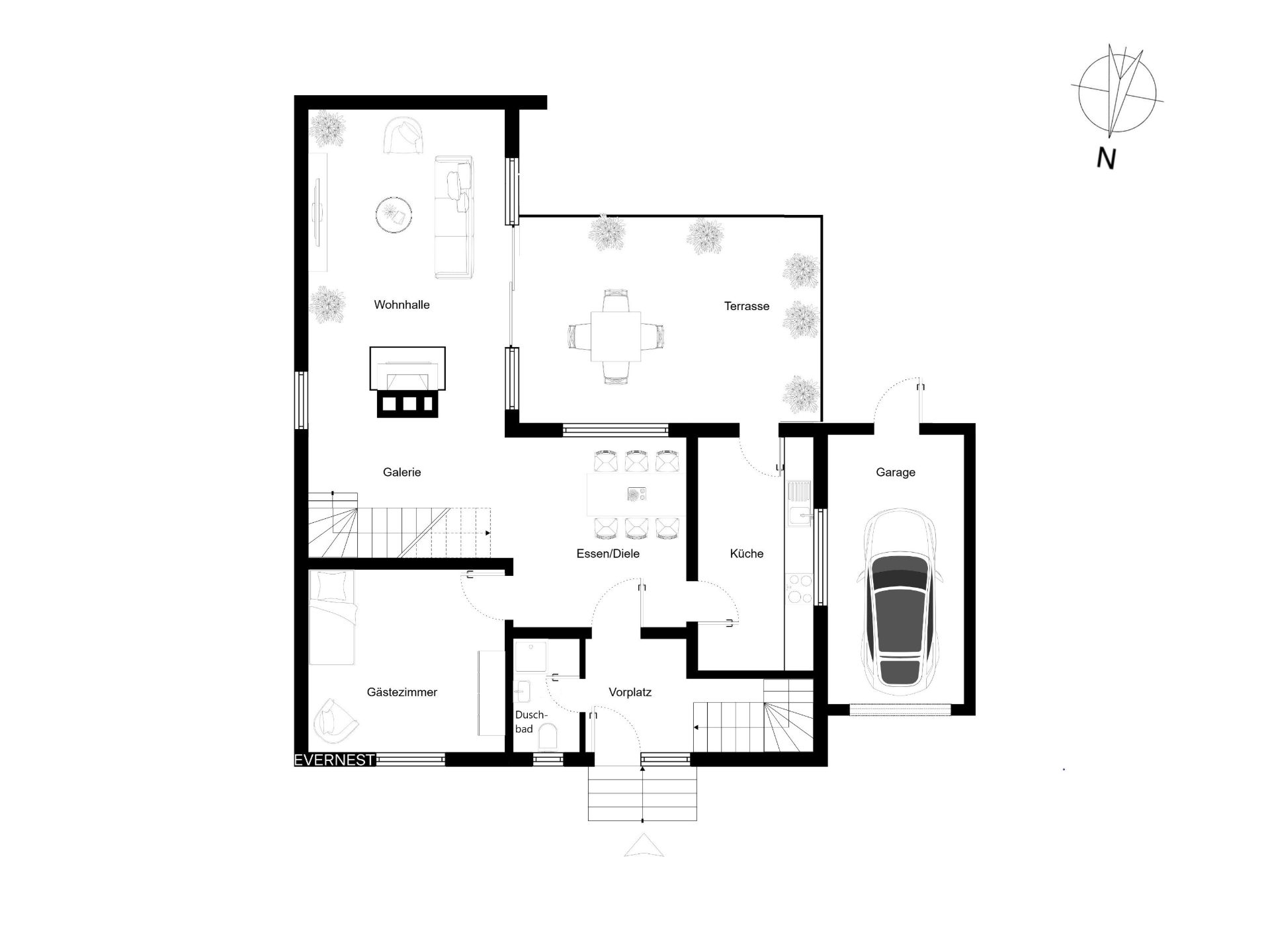 Grundriss eines Hauses mit Wohnhalle, Terrasse, Küche, Garage und Gästezimmer.