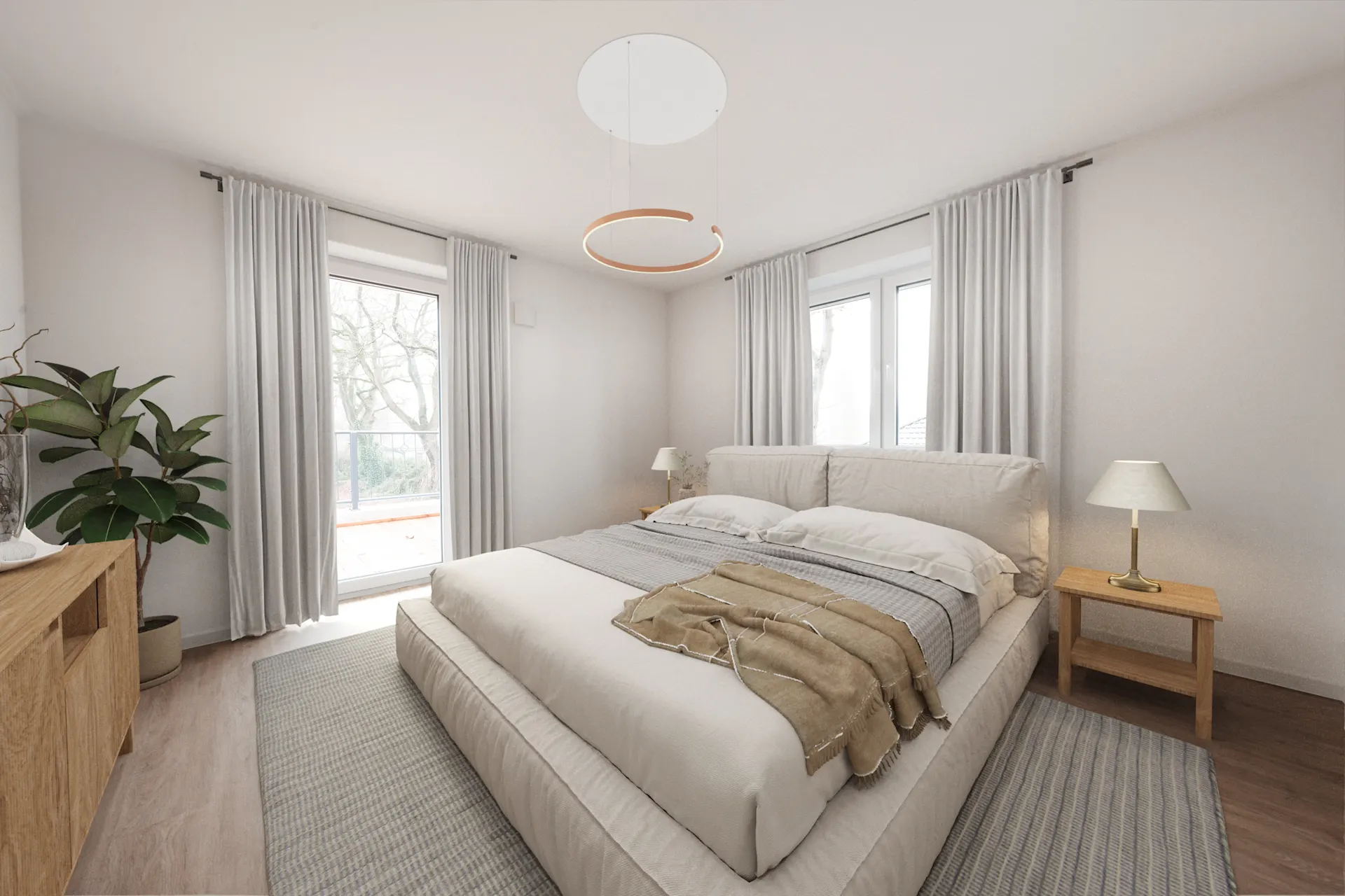 Helles Schlafzimmer mit Doppelbett, zwei Nachttischen, Pflanzen und großen Fenstern mit Vorhängen.
