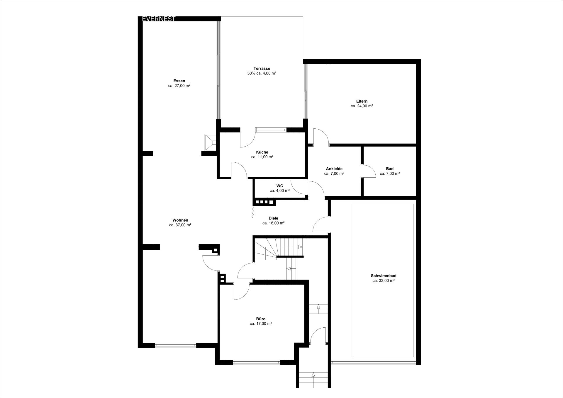 Grundriss einer Wohnung mit Wohnzimmer, Küche, Schlafzimmer, Bad, Büro, Schwimmbad und Terrasse.