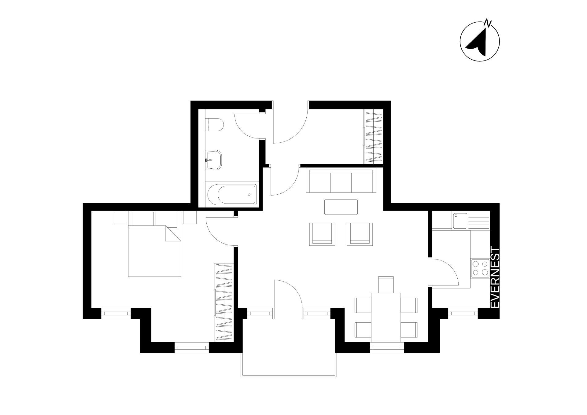 Grundriss einer Wohnung mit Schlafzimmer, Bad, Wohnzimmer und Küche.