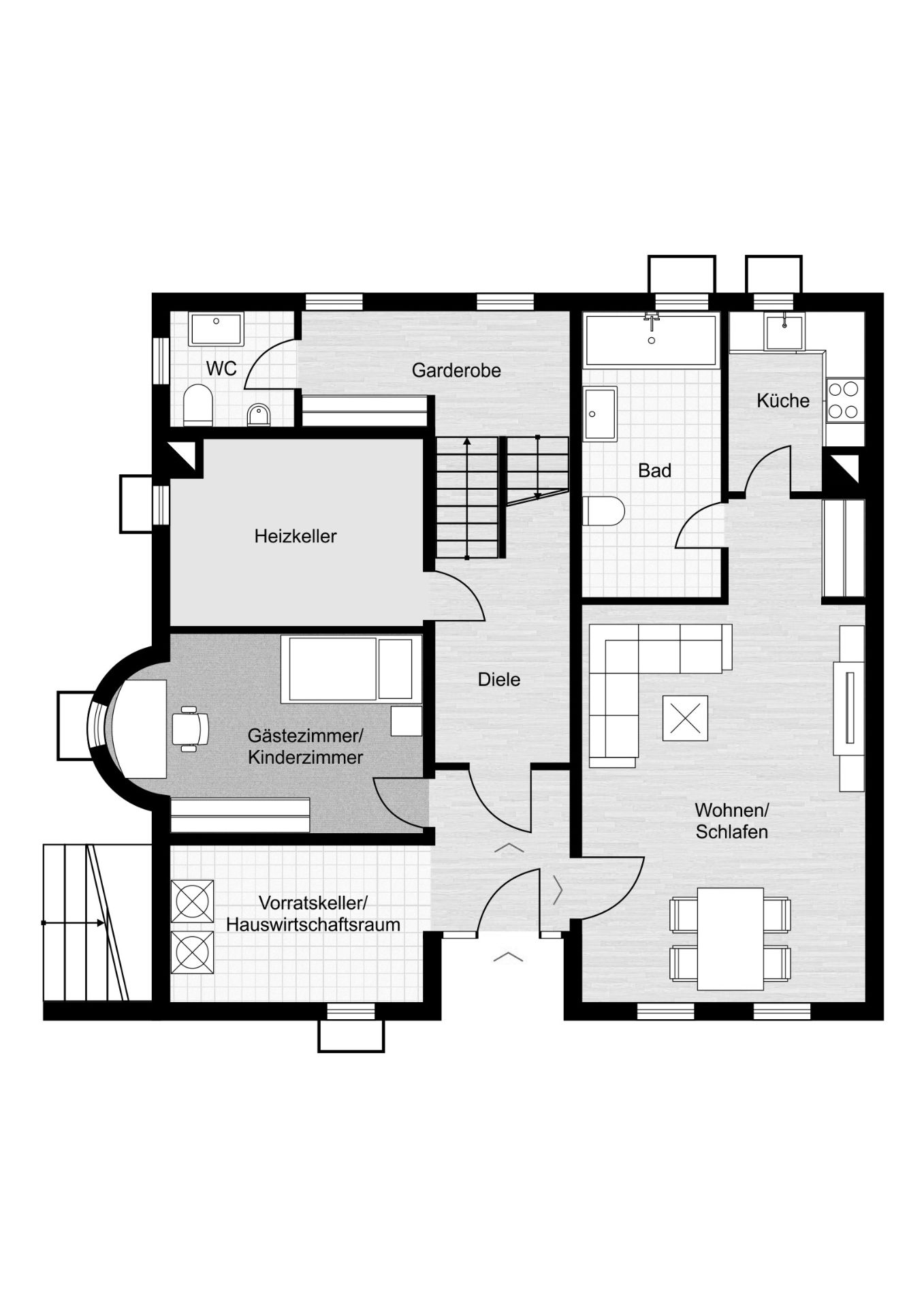Grundriss eines Wohnhauses mit Gästezimmer, Vorratsraum, WC, Bad, Küche und Wohnbereich.