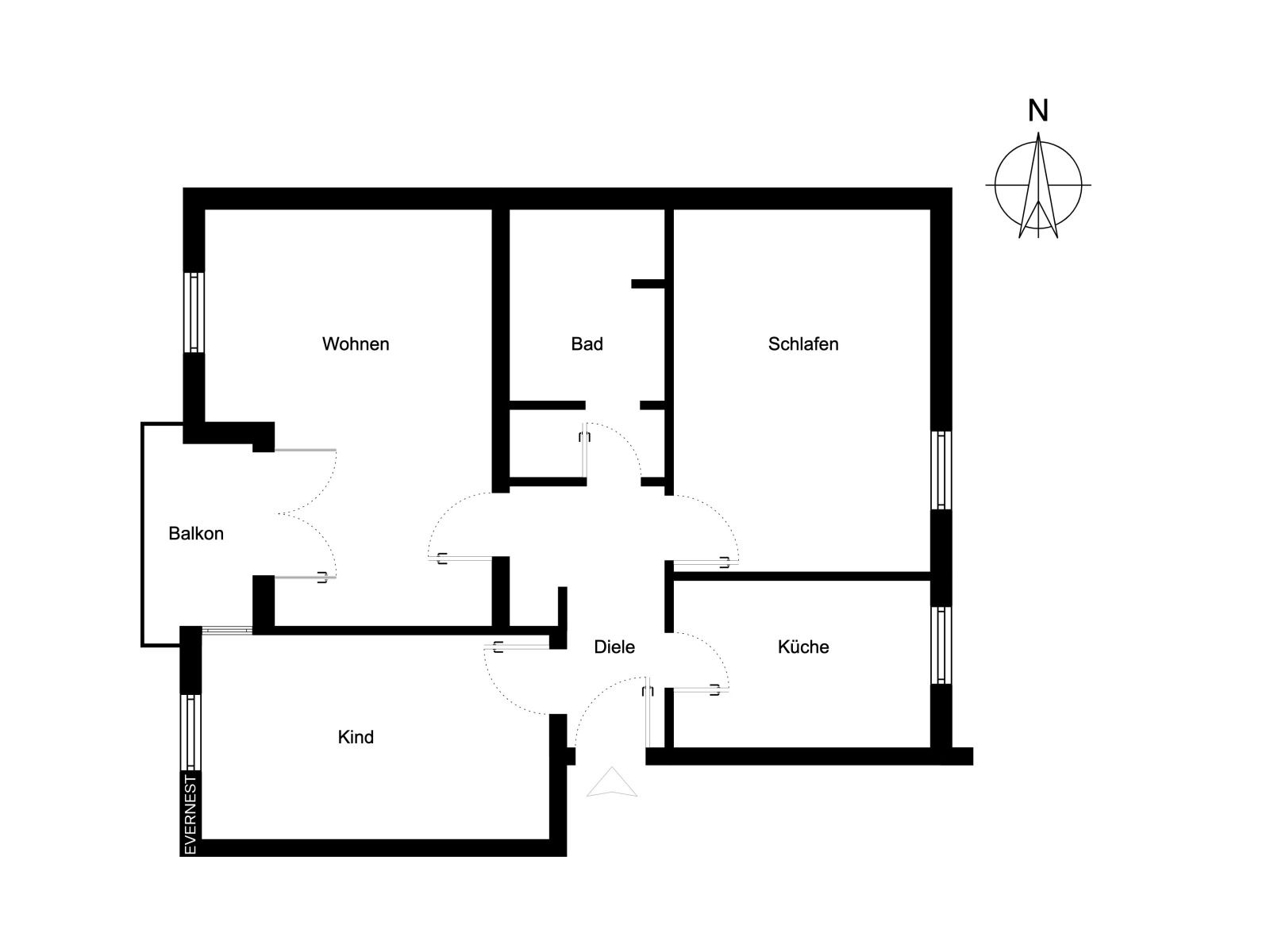 Grundriss einer Wohnung mit Wohnzimmer, Schlafzimmer, Kinderzimmer, Bad, Küche, Diele und Balkon.