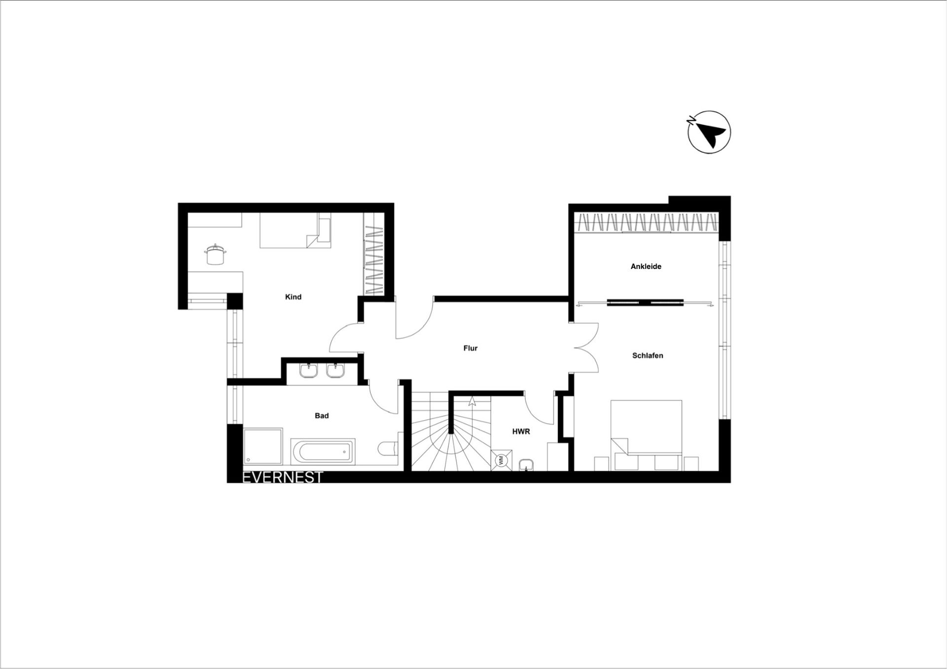 Grundriss mit Schlafzimmer, Ankleide, Kinderzimmer, Bad, Hauswirtschaftsraum und Flur.