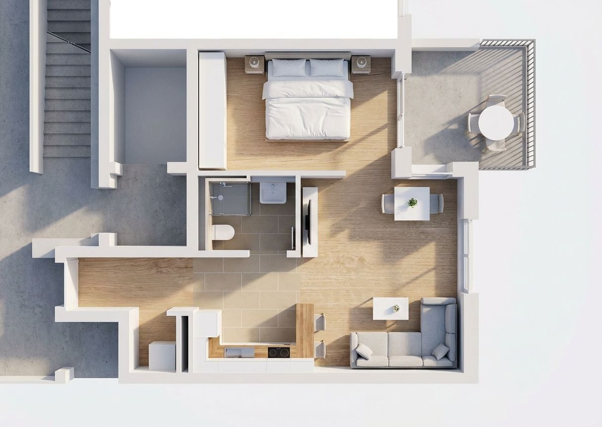 Grundriss einer Wohnung mit Schlafzimmer, Bad, Küche, Wohnzimmer und Balkon.