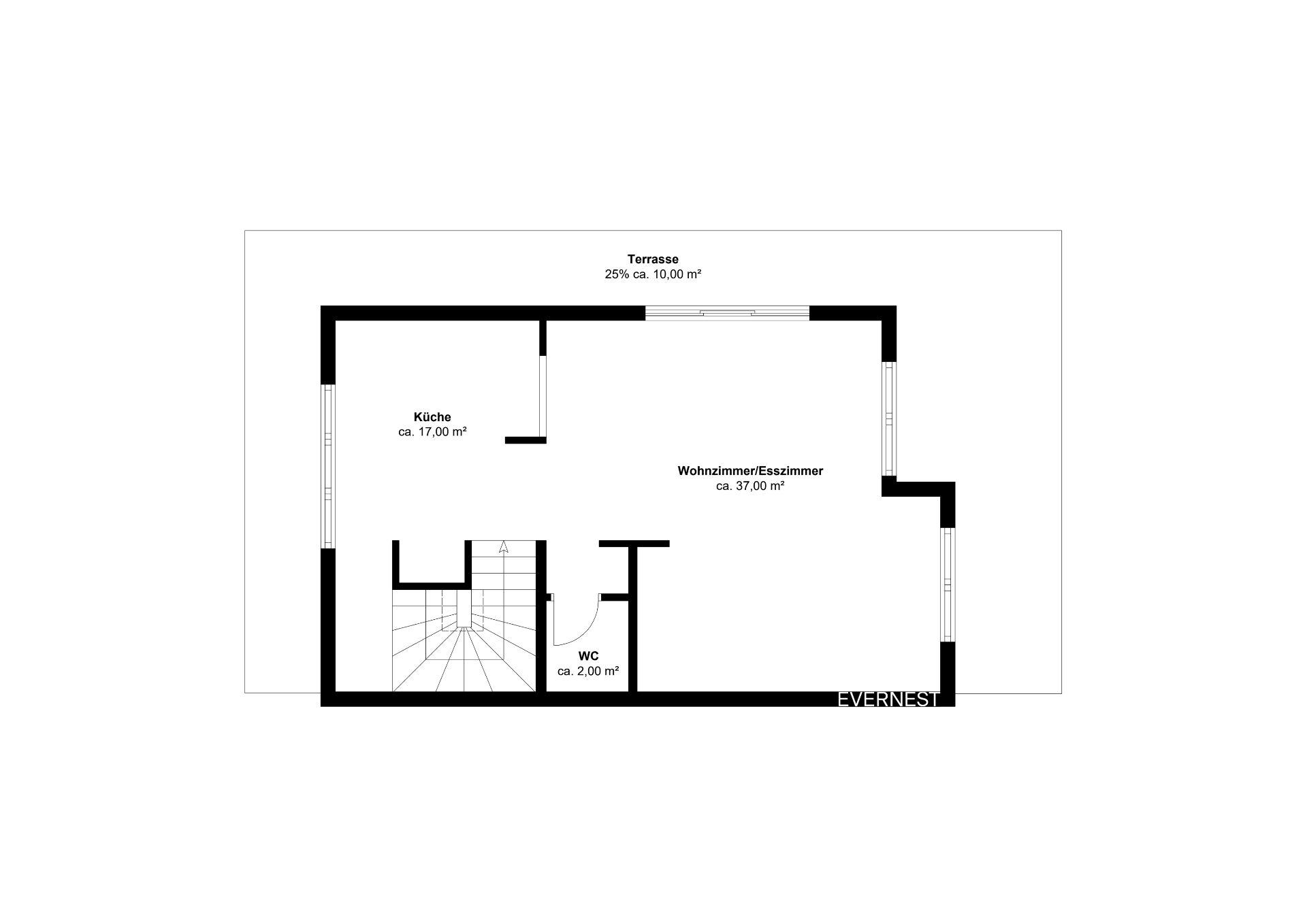 Grundriss mit Küche, Wohnzimmer/Esszimmer, WC und Terrasse, Flächenangaben in Quadratmetern.