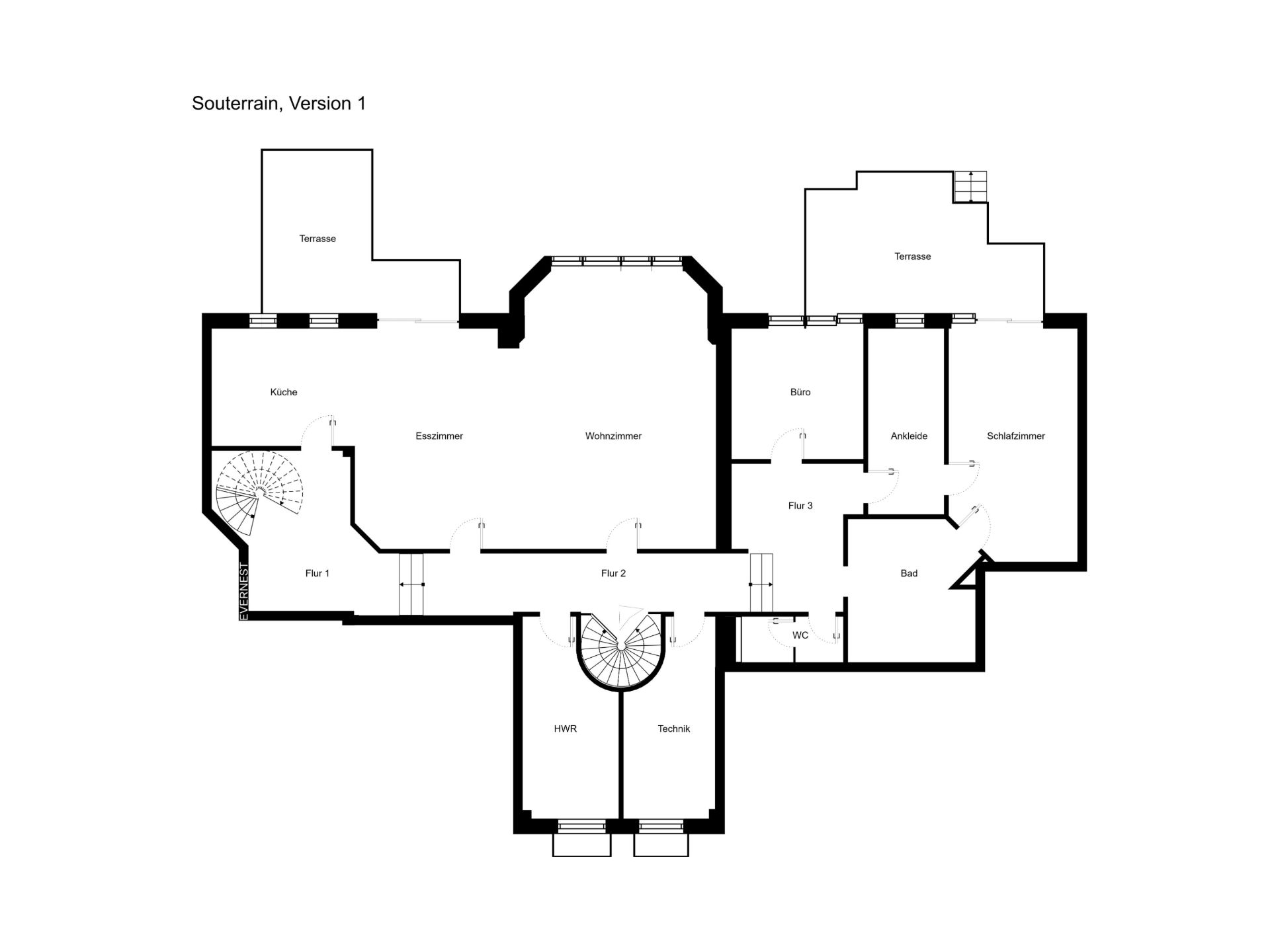Grundriss eines Wohnhauses mit Wohnzimmer, Küche, Schlafzimmer, Bad und Terrasse.