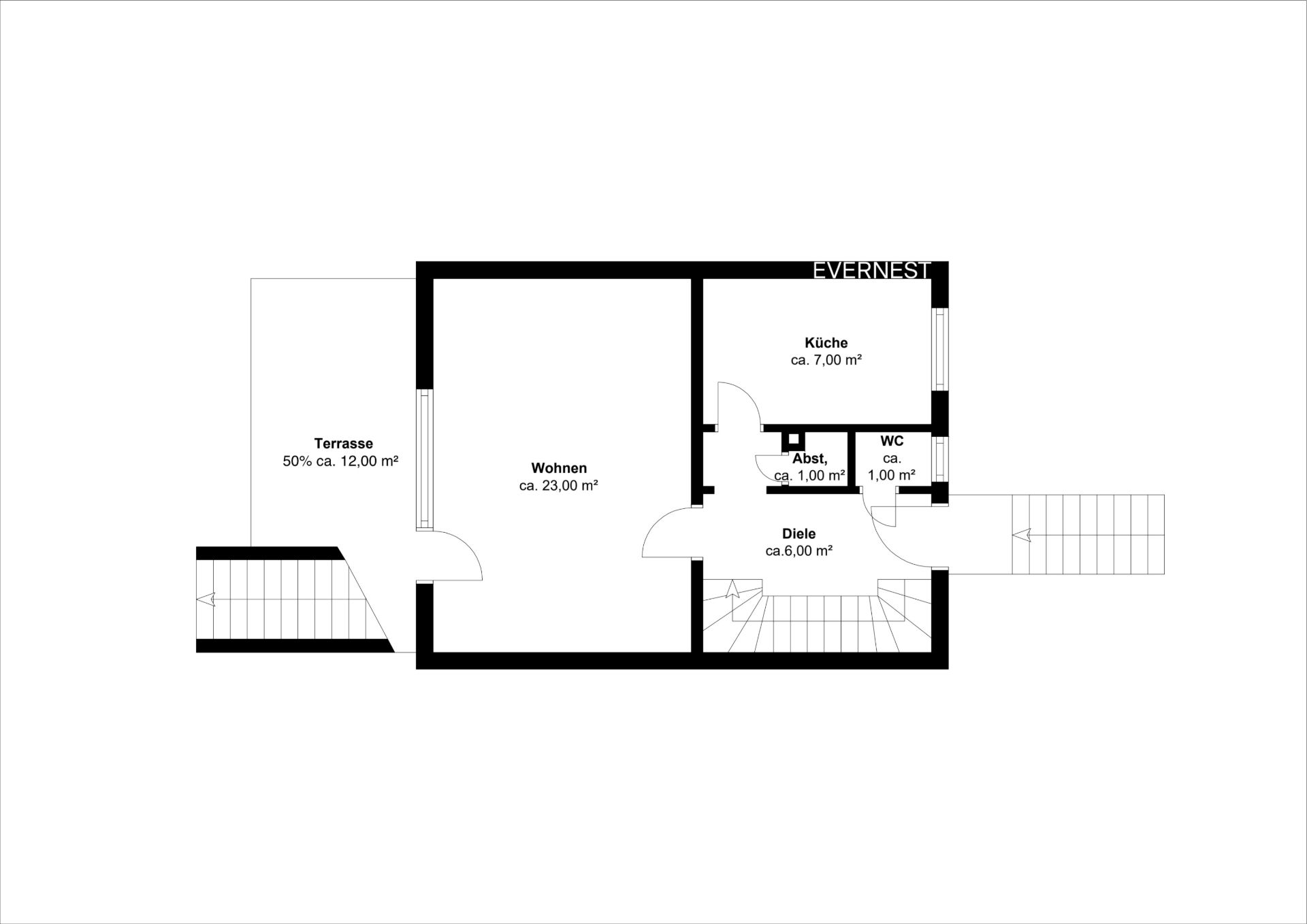 Grundriss einer Wohnung mit Wohnzimmer, Küche, WC, Abstellraum, Diele und Terrasse.