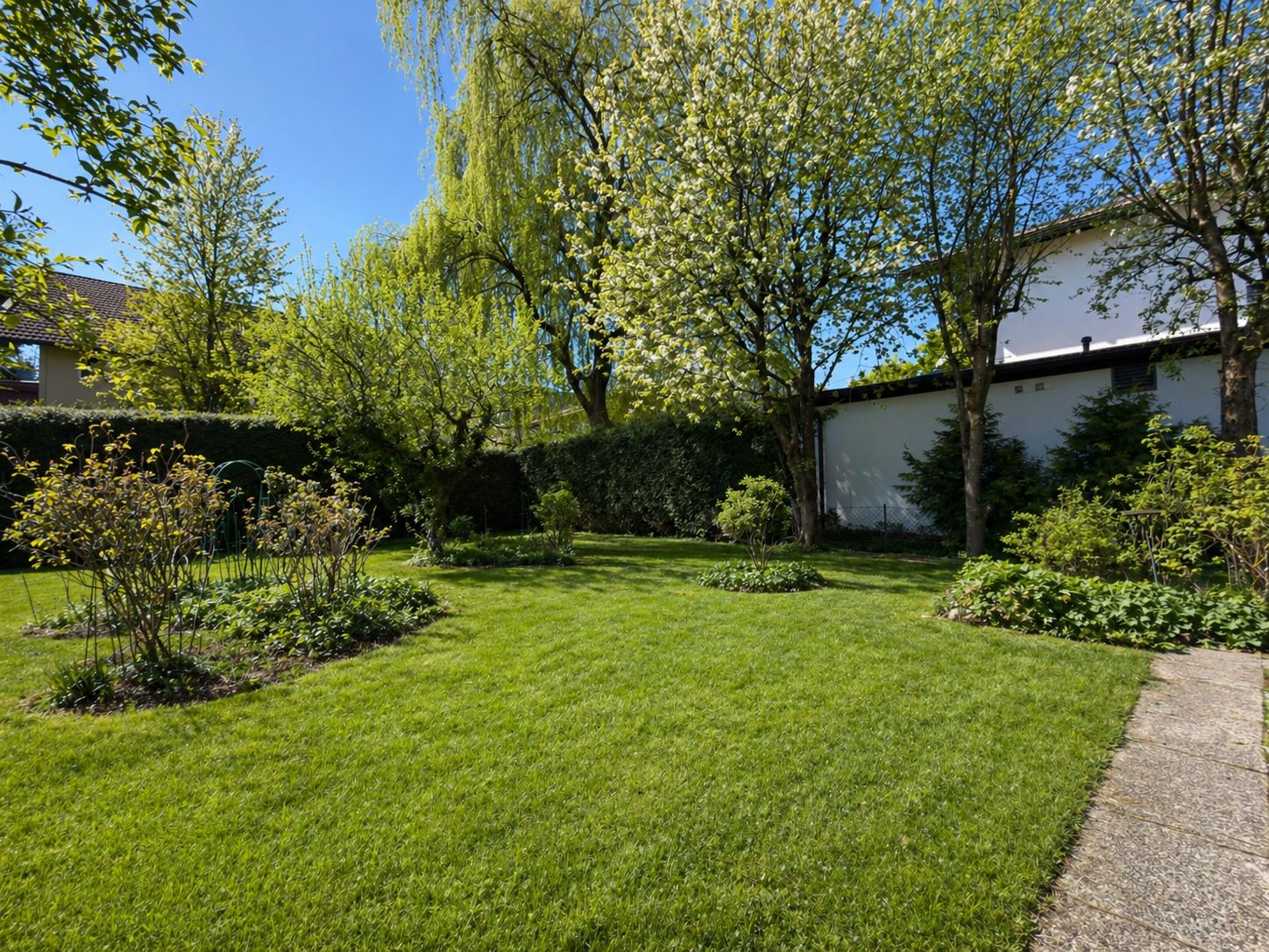 Grüner Garten mit Bäumen, Sträuchern, gepflegtem Rasen und Weg bei Sonnenschein.