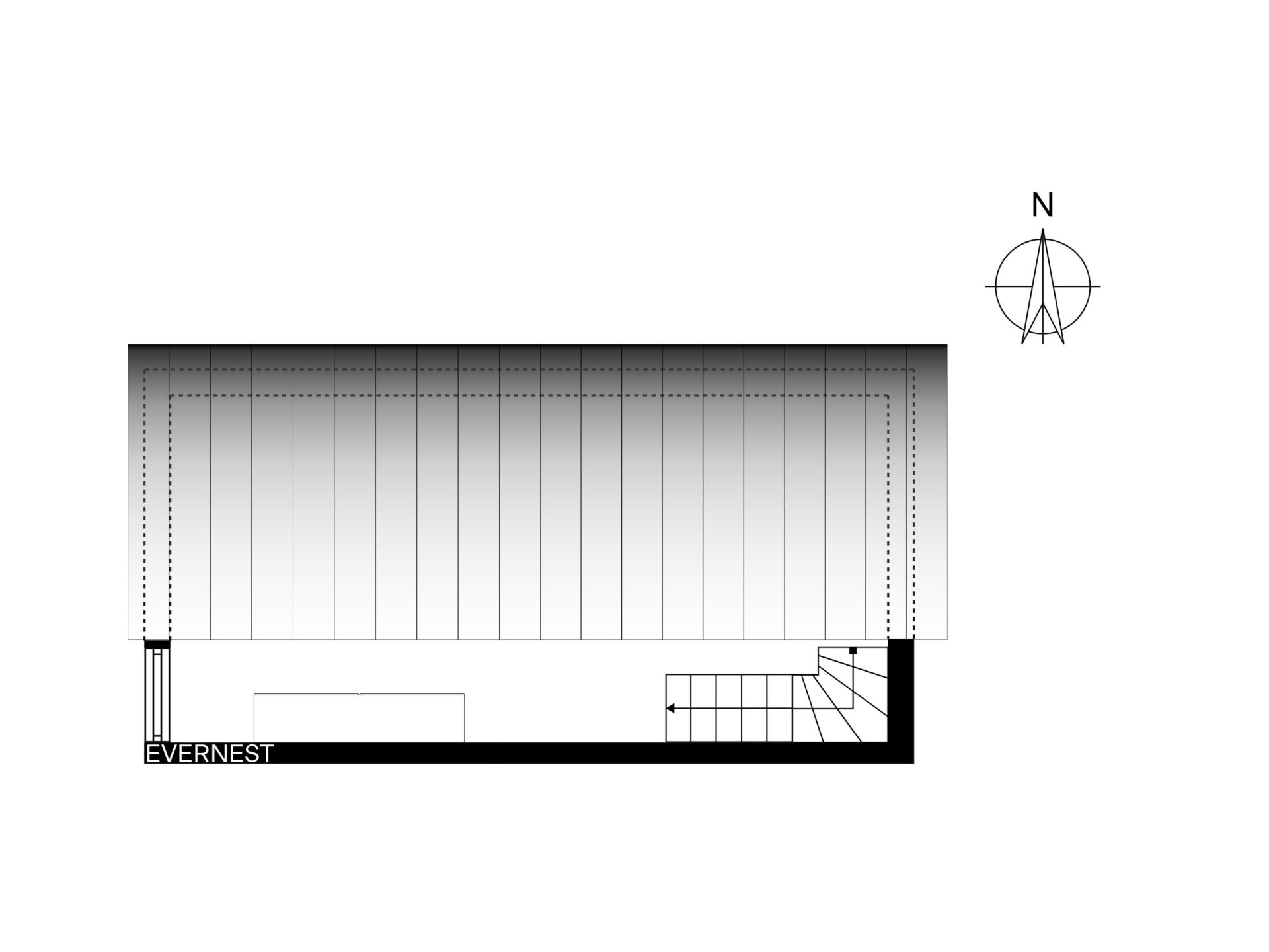 Grundriss mit rechteckigem Raum und Treppe auf der rechten Seite.